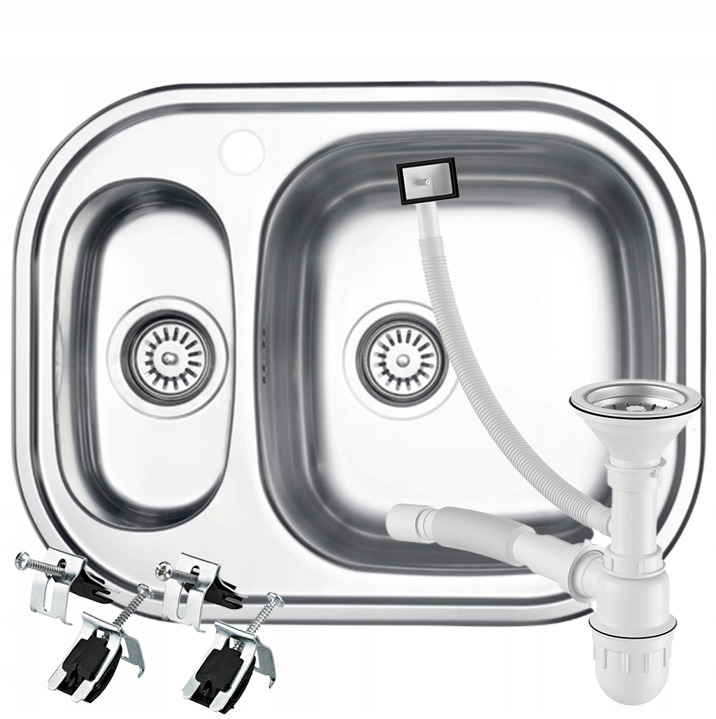 Zlewozmywak Dwukomorowy Stalowy Ociekacz Syfon 60x49 Inox Uchwyty