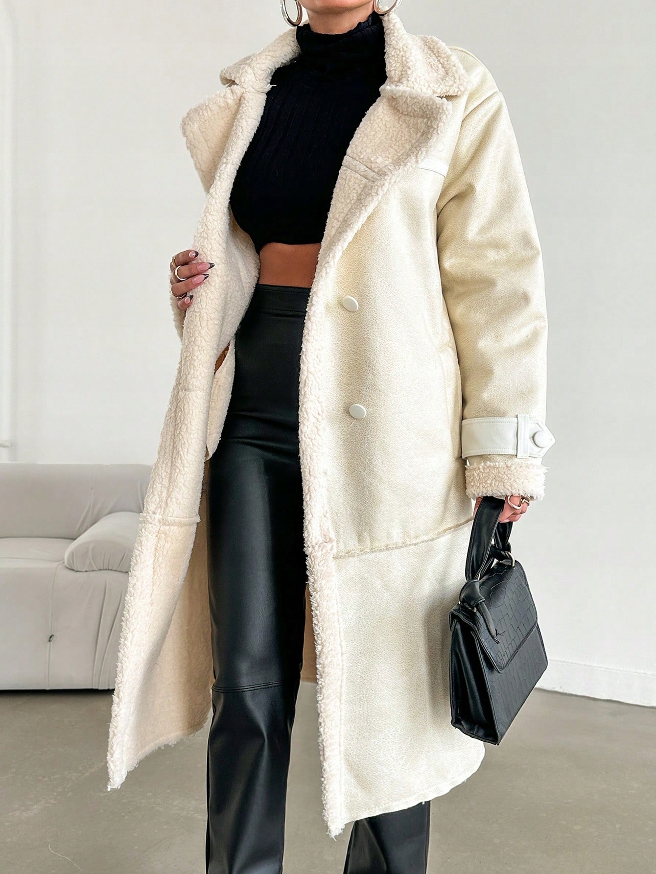 Kožený Kožich Dlouhý Dvouřadý Béžový Casual Shein S 36