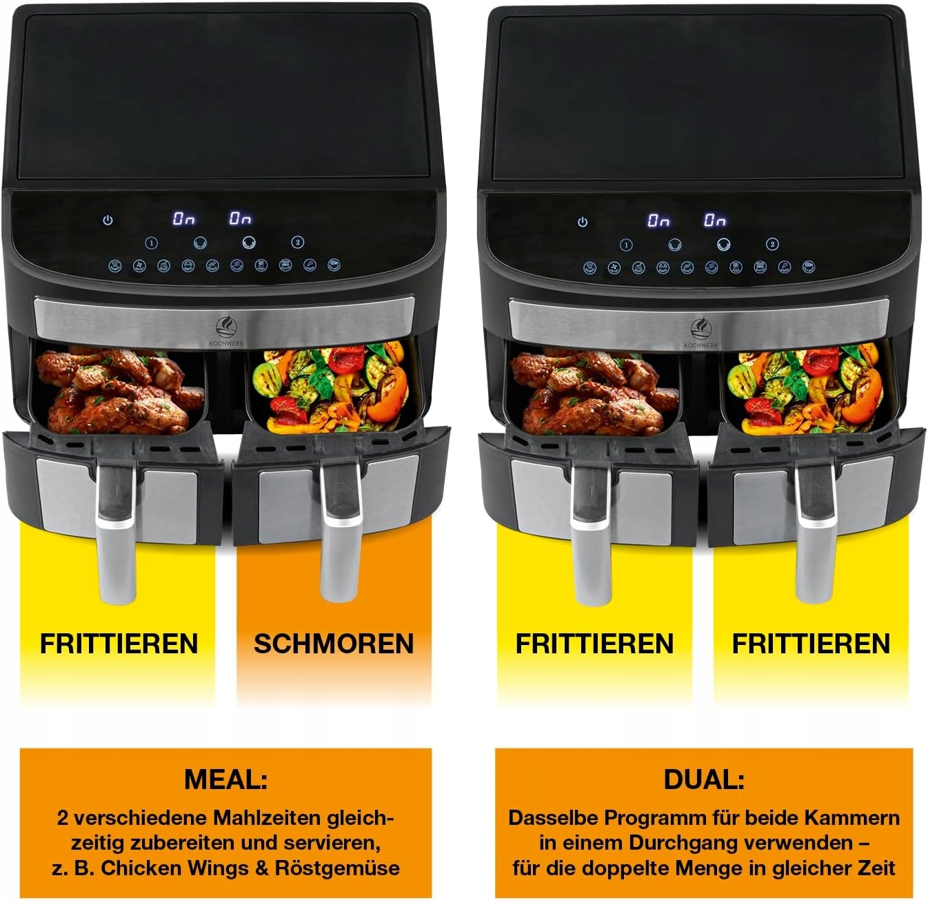 FRYTKOWNICA BEZTŁUSZCZOWA DWUKOMOROWA 2X3,5L 2400W Cechy dodatkowe 10 Programów Automatycznych