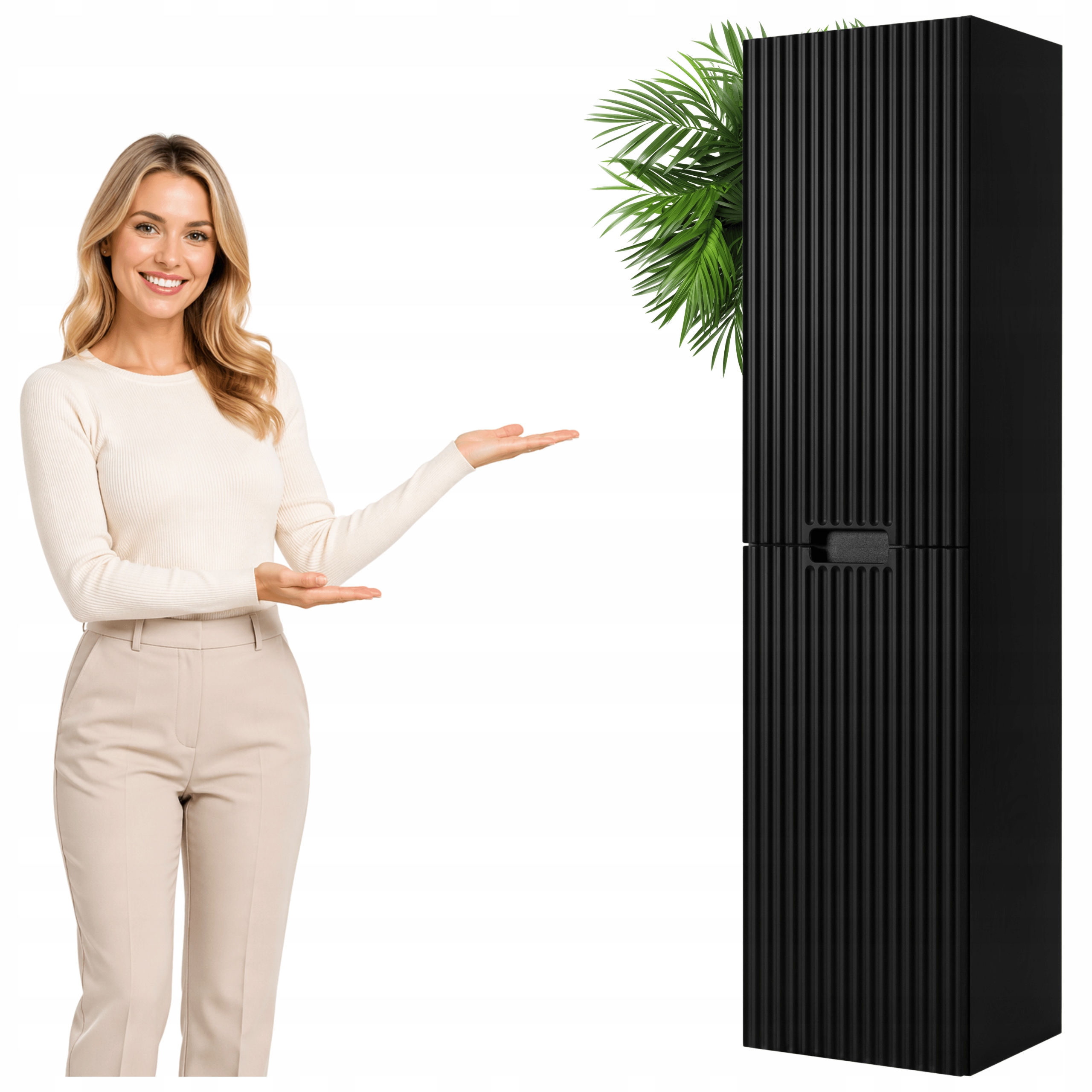 Szafka Łazienkowa Wisząca Słupek 136 CM Czarny Ryflowane Fronty Mdf