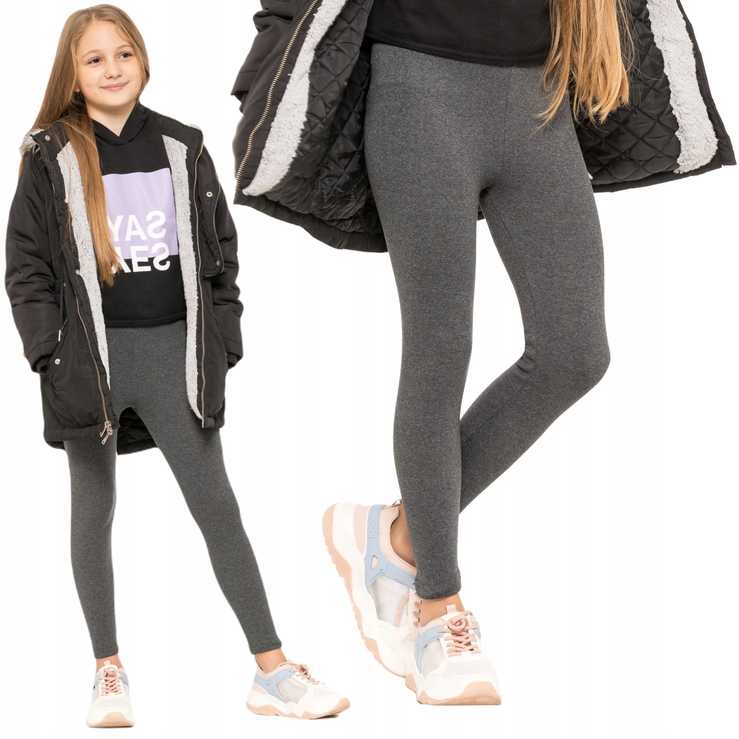 DZIEWCZĘCE LEGGINSY OCIEPLANE GETRY GRAFITOWE 152