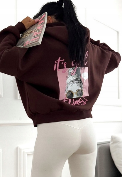 Bawełniana Ciepła Bluza damska Tył print z Kapturem haft EH25 brown Uni