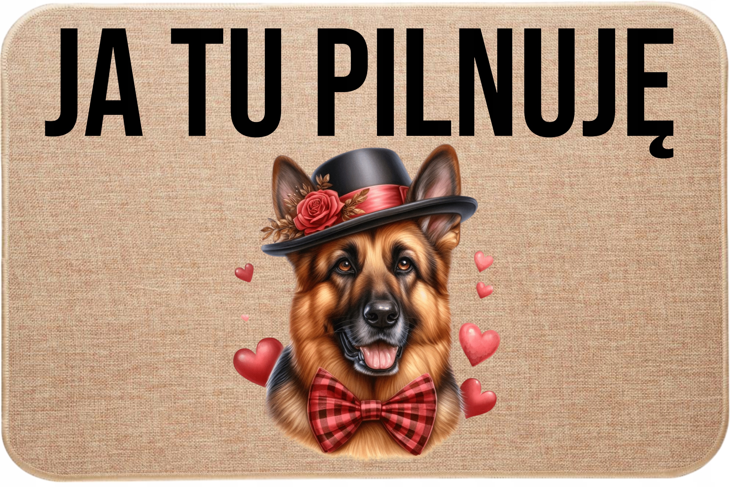 Lněná rohožka před dveřmi – tady hlídám psa – německý ovčák – srdce