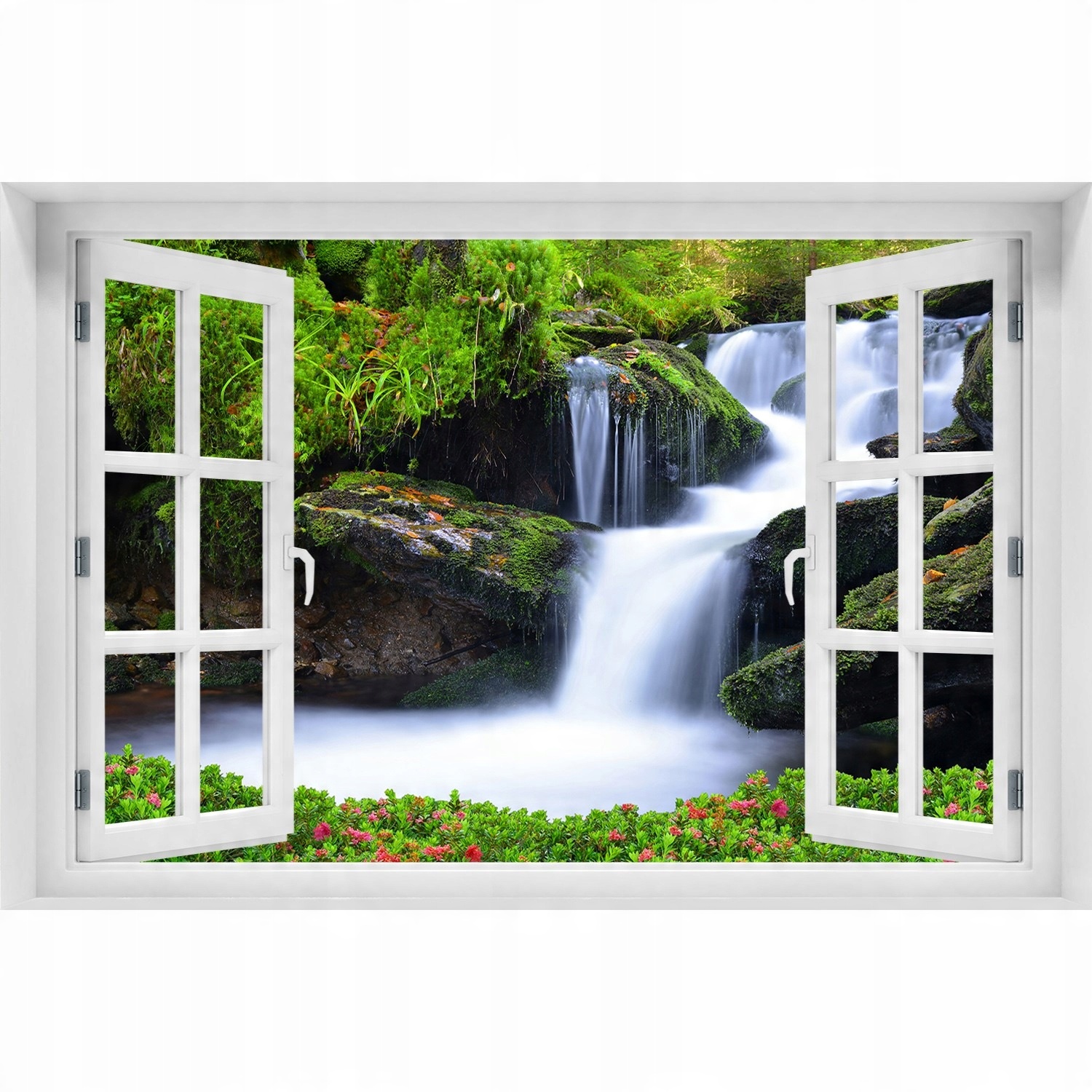 

Naklejka fototapeta 3D Okno widok Wodospad w lesie