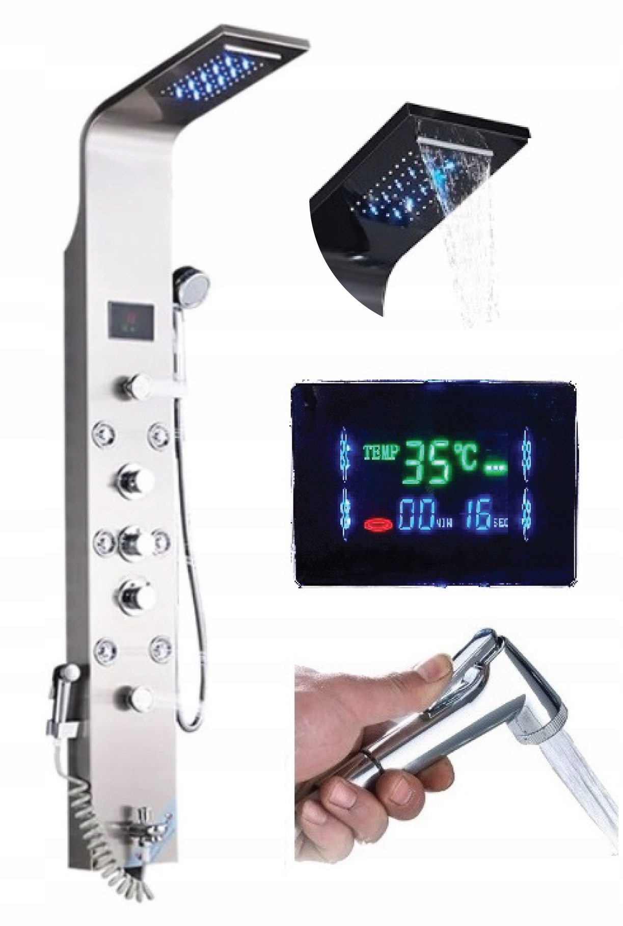 Panel prysznicowy LED prysznic wodospad SEREBRNY