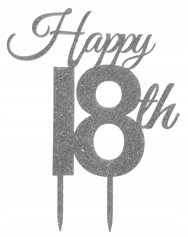 

Topper urodzinowy napis Happy 18th srebrny brokat