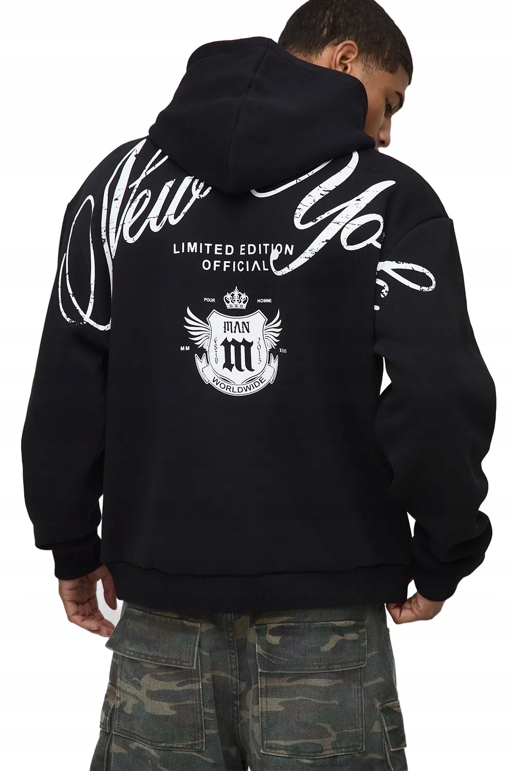 Boohooman Černá Pánská Mikina S Kapucí S Potiskem Na Zádech S Z3A