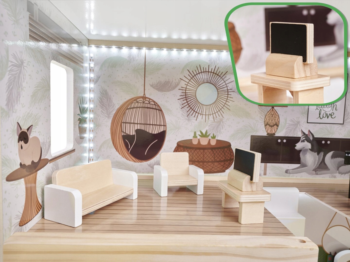 DOMEK DLA LALEK DREWNIANY MEBELKI BOHO ŚWIATŁO LED WILLA XXL 78CM 1SZT Płeć chłopcy