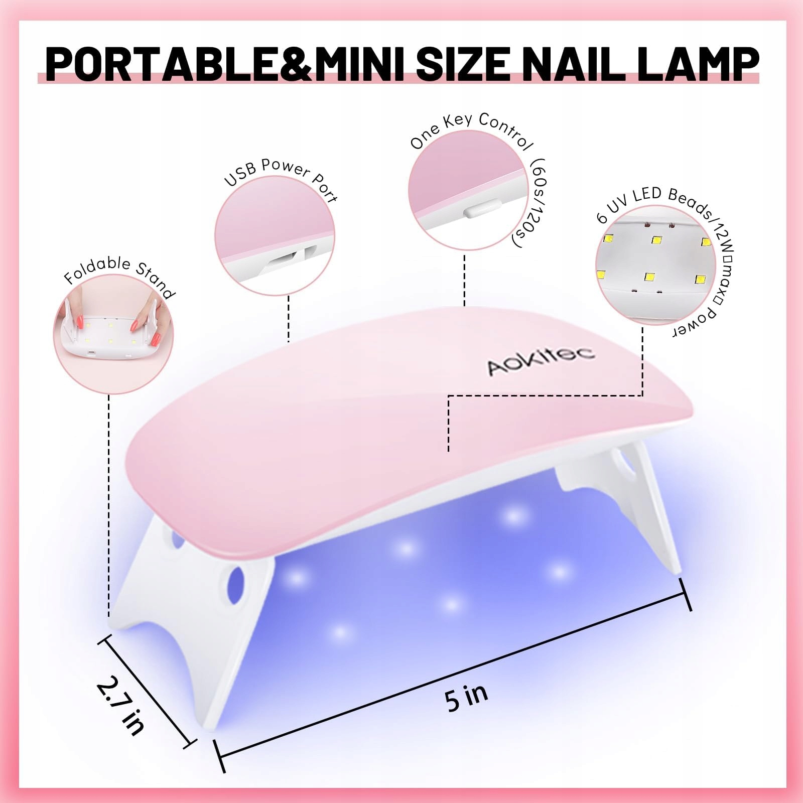 AOKITEC Mini Lampa UV LED Do Paznokci Żelowych Kompaktowa Lekka USB Różowa — miniatura 6
