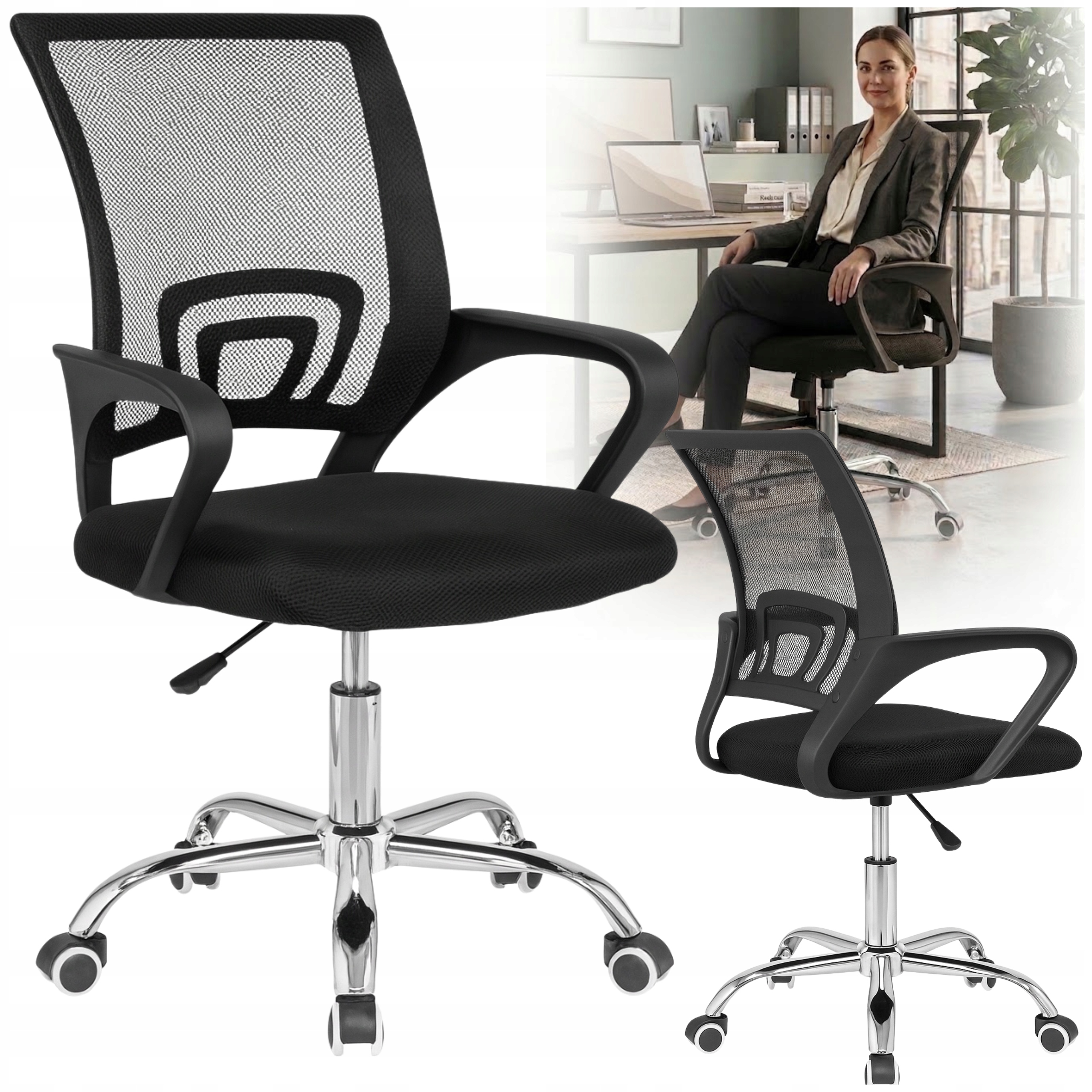 Fotel Biurowy Obrotowy Enter Siatka Wentylowany Ergonomiczny Krzesło Czarne