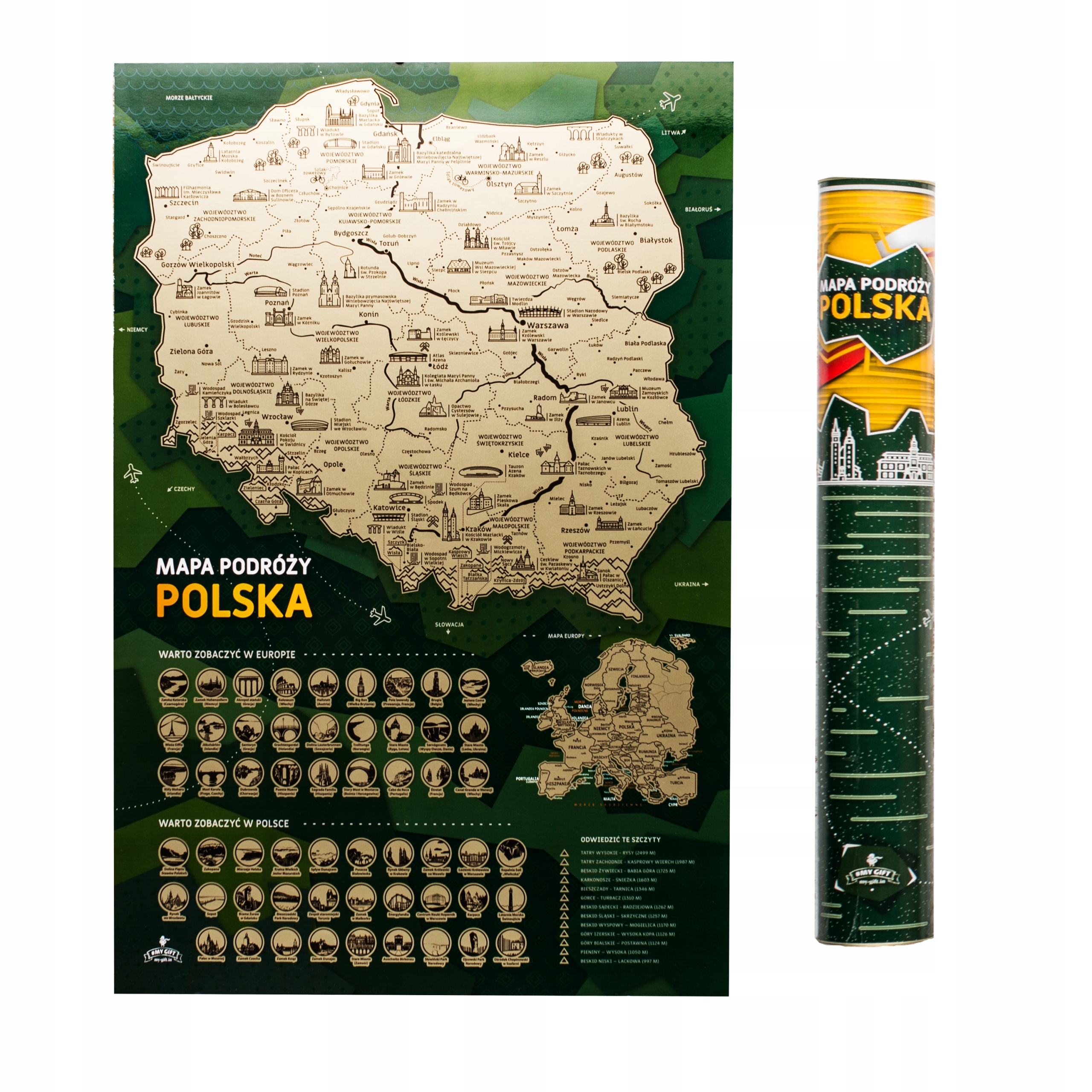 Stírací mapa Polský 60x40 Polsko+evropa Mapa narozeninové cesty dárek