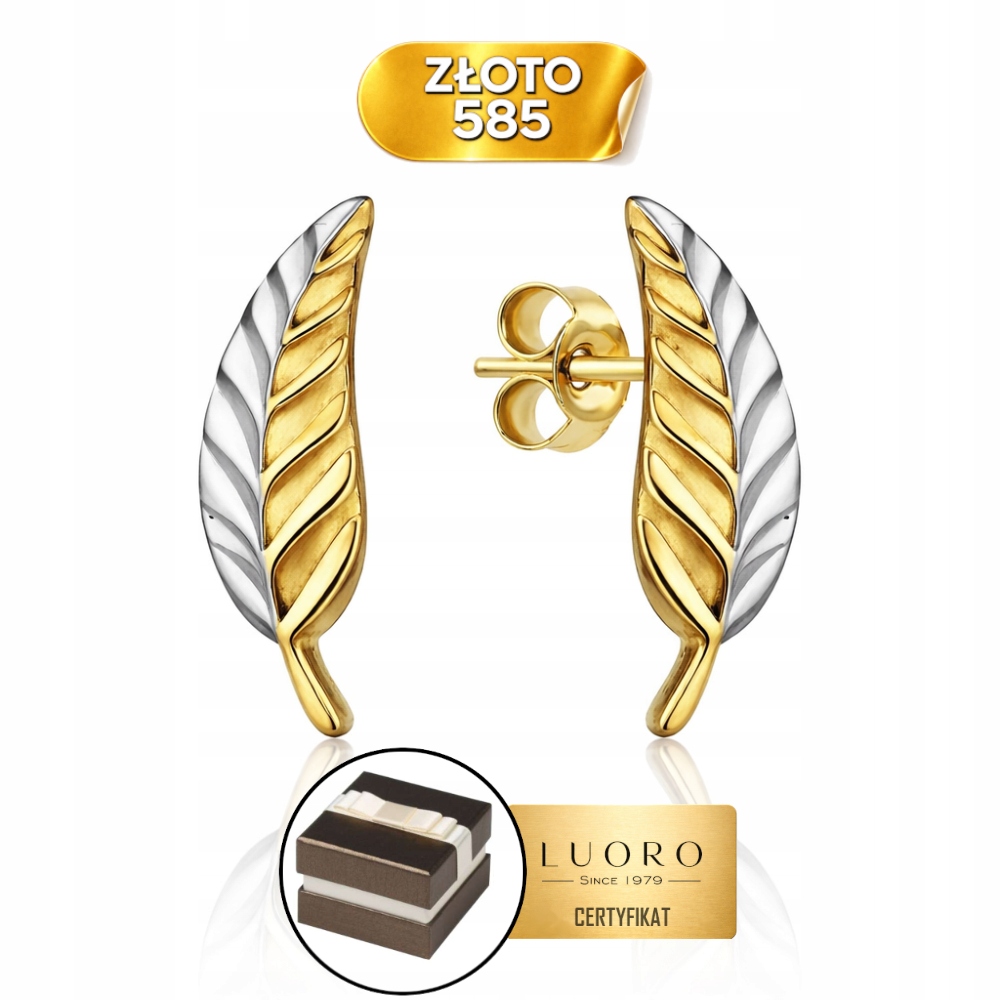 Zlaté Náušnice 585 14K Lísteček Dvě Barvy Zlatá Krabička Dárek Cert.