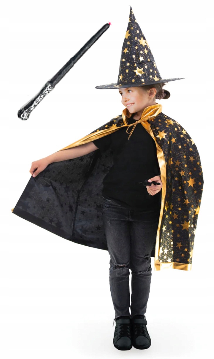 STRÓJ CZARODZIEJA WIEDŹMY DZIECKA PELERYNA 80cm KAPELUSZ + RÓŻDŻKA ŚWIECĄCA