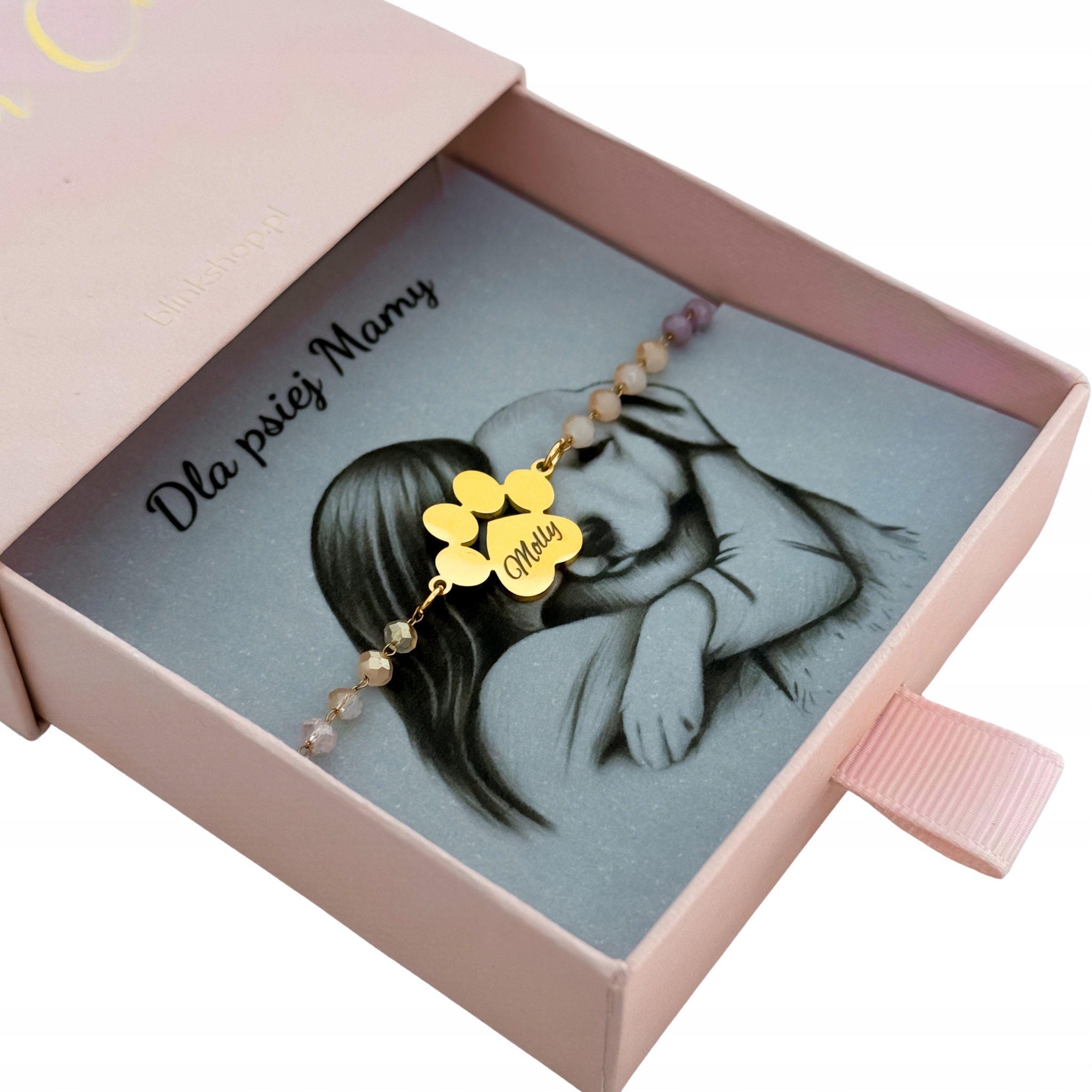 złota bransoletka z grawerem dla psiej mamy imię psa łapka stal