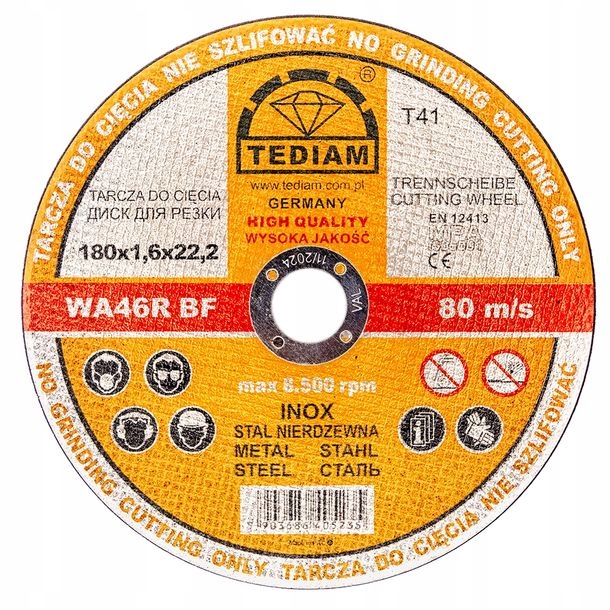 Tarcza do cięcia metalu stali nierdzewnej 180 x 1,6 Tediam Inox 2w1 mocna