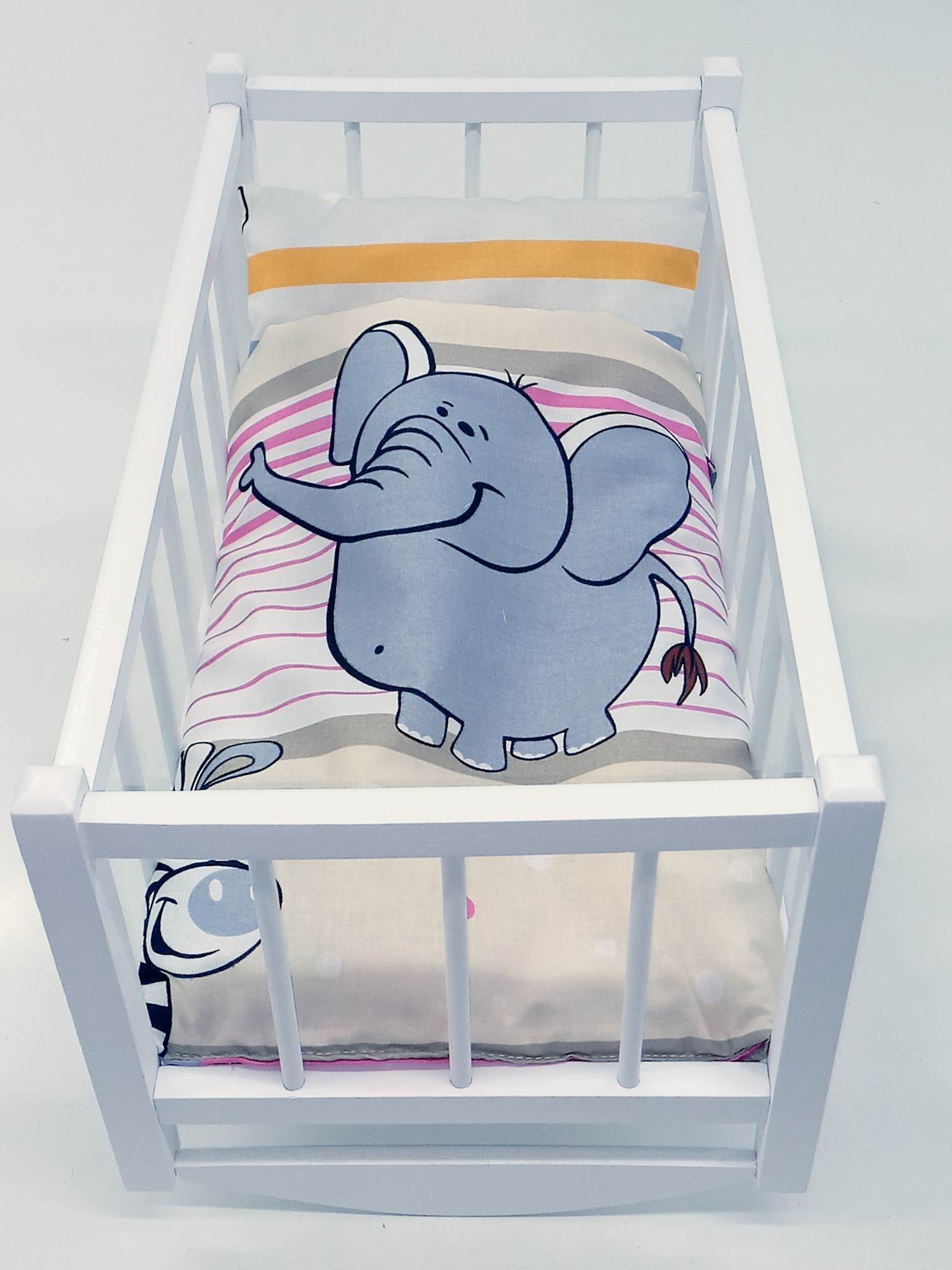 KOŁYSKA DLA LALEK BIAŁA DREWNIANA + POŚCIEL 3el