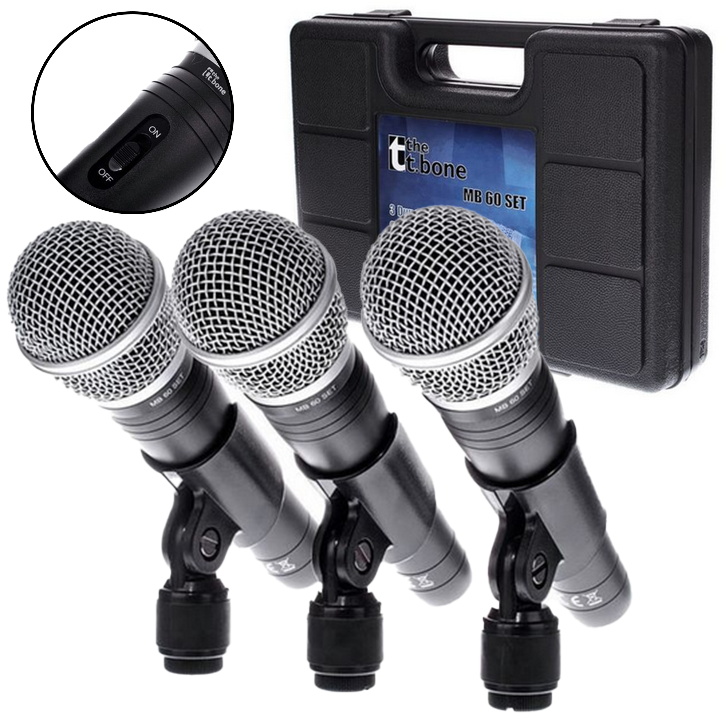 Vokální dynamický mikrofon the t.bone Mb 60 Vypínač Držák 3 ks Set