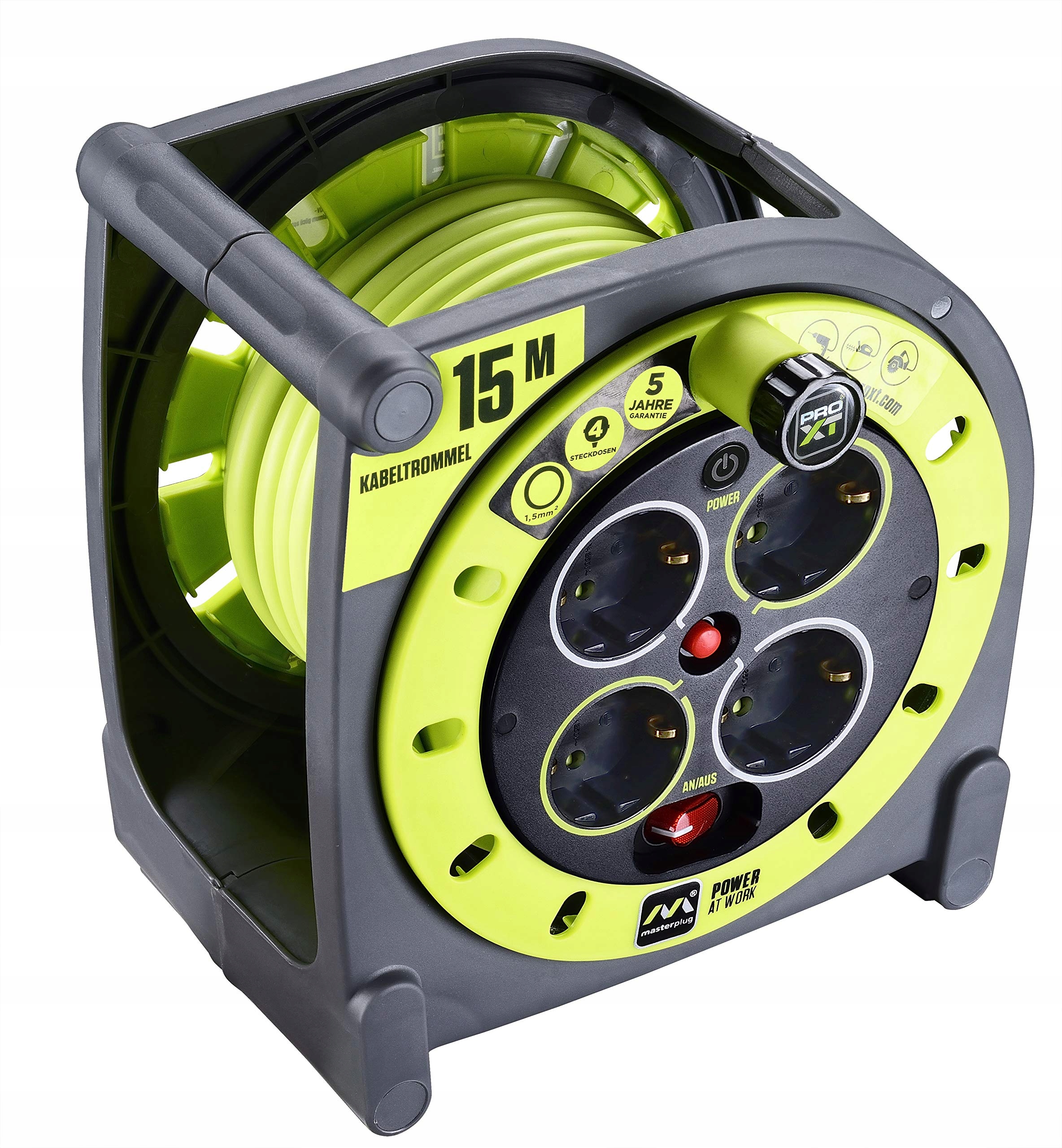 MASTERPLUG Pro-XT Przedłużacz Bębnowy 15m 4 Gniazda 3000W Szary Zielony — miniatura 5