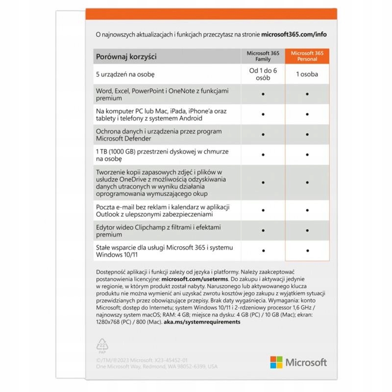 Microsoft 365 Personal PL P10 1Y 1User/5Devices Win/Mac Medialess Box Rodzaj BOX