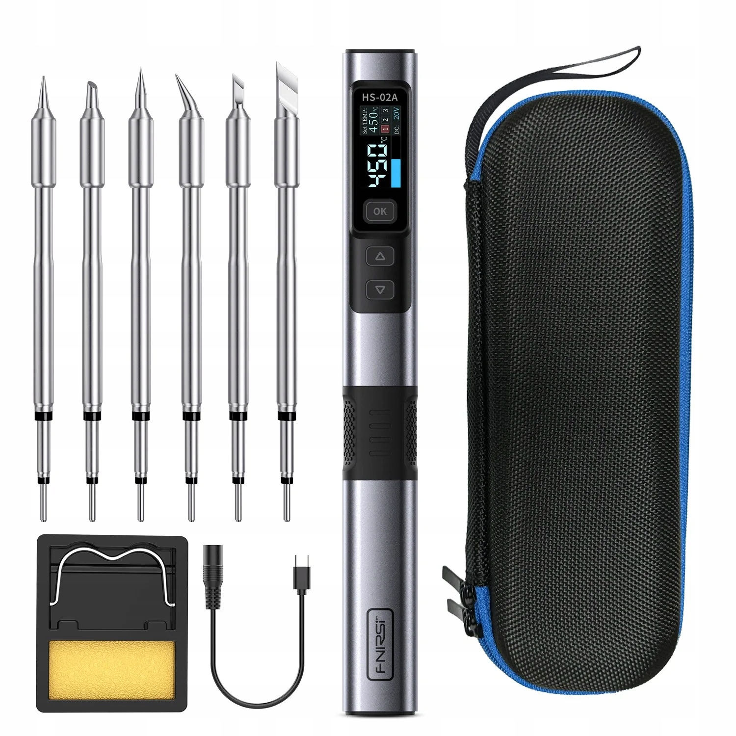 Zestaw 10w1 lutownica cyfrowa HS-02A 6 grotów stojak +kabel+etui Fnirsi