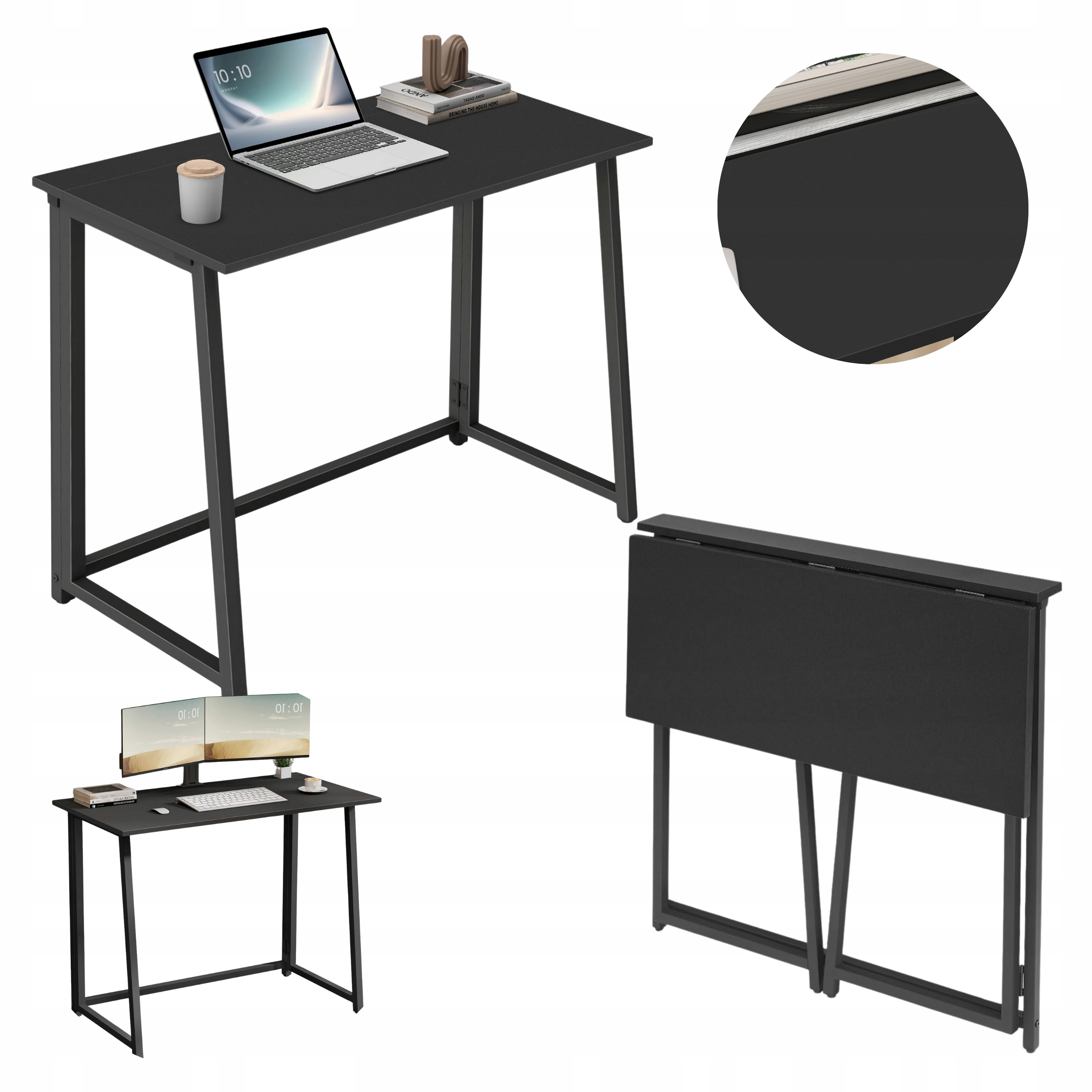 Jednoduchý skladací počítačový stôl, pevný, 80x40x75 cm, kovový rám, čierny