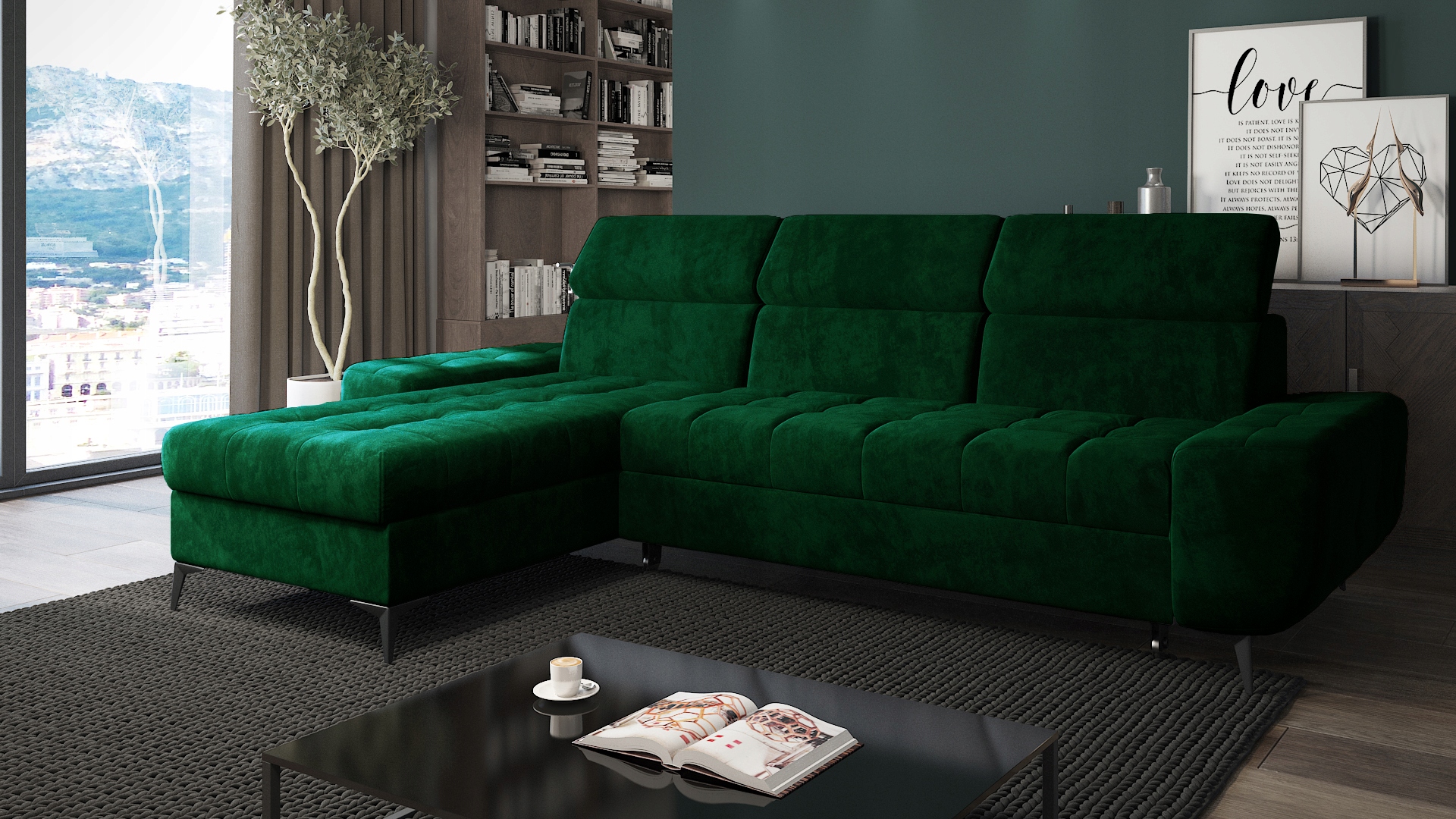 Rohová Sedací Souprava s funkcí spaní Como lahvově zelená barva s automatem Delfín