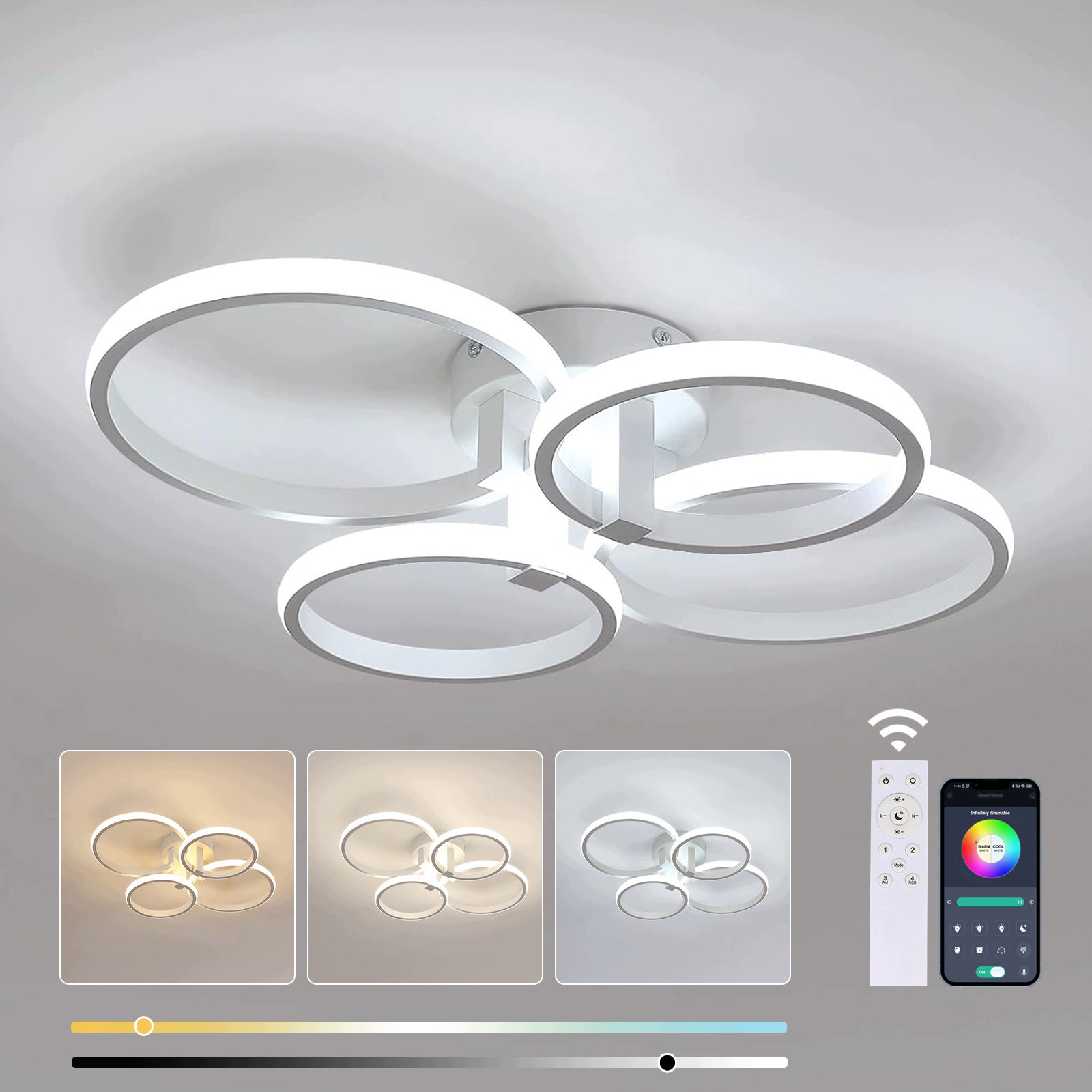 Stropní Led lampa bílá 4 kroužky lustr moderní do obývacího pokoje s dálkovým ovládáním 76W