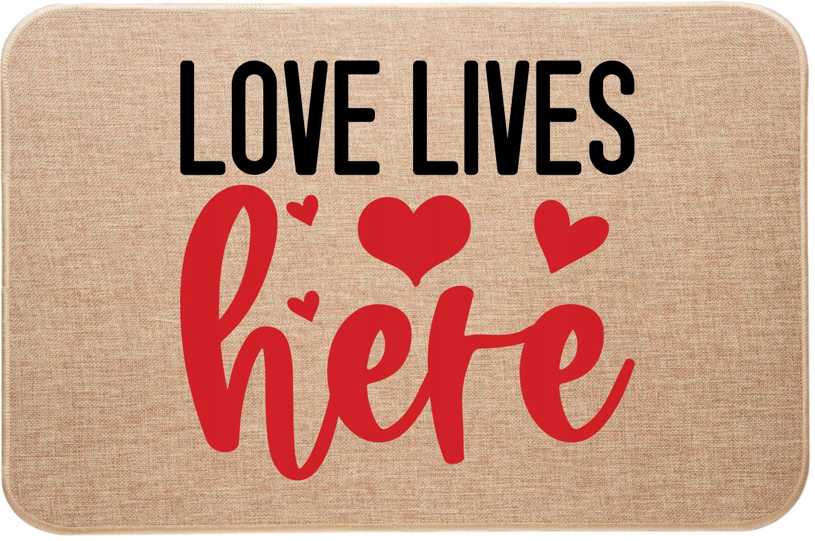 Dekorativní lněná rohožka na Valentýna Love lives Here Láska zde žije