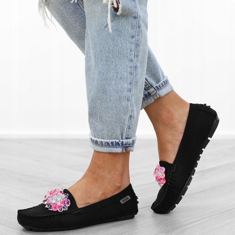 Czarne mokasyny kamienie kryształy FL675 r.38 Wzór dominujący bez wzoru