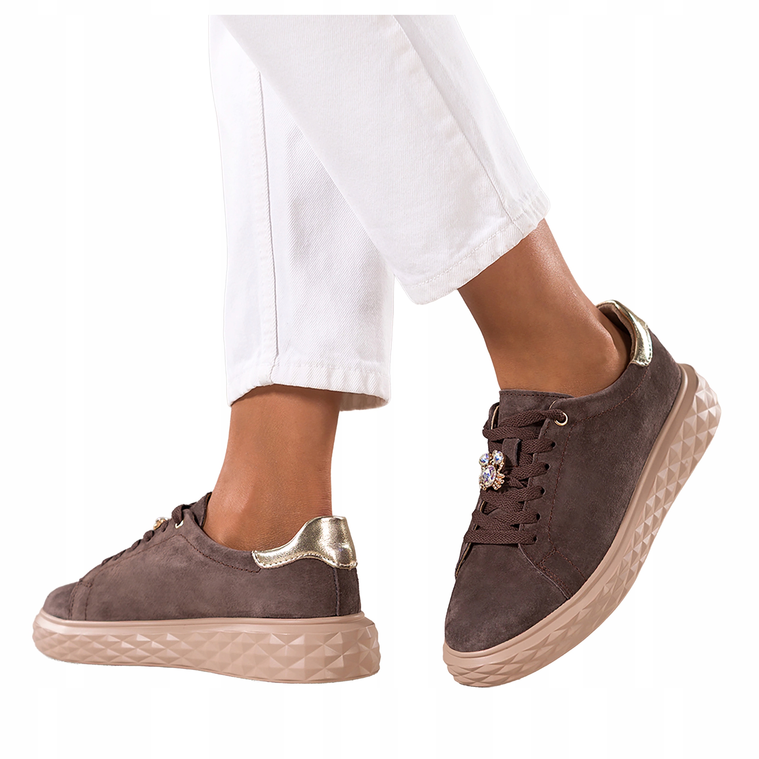 Dámské kožené čokoládové Tenisky na platformě, šněrovací ozdoby, velikost 40