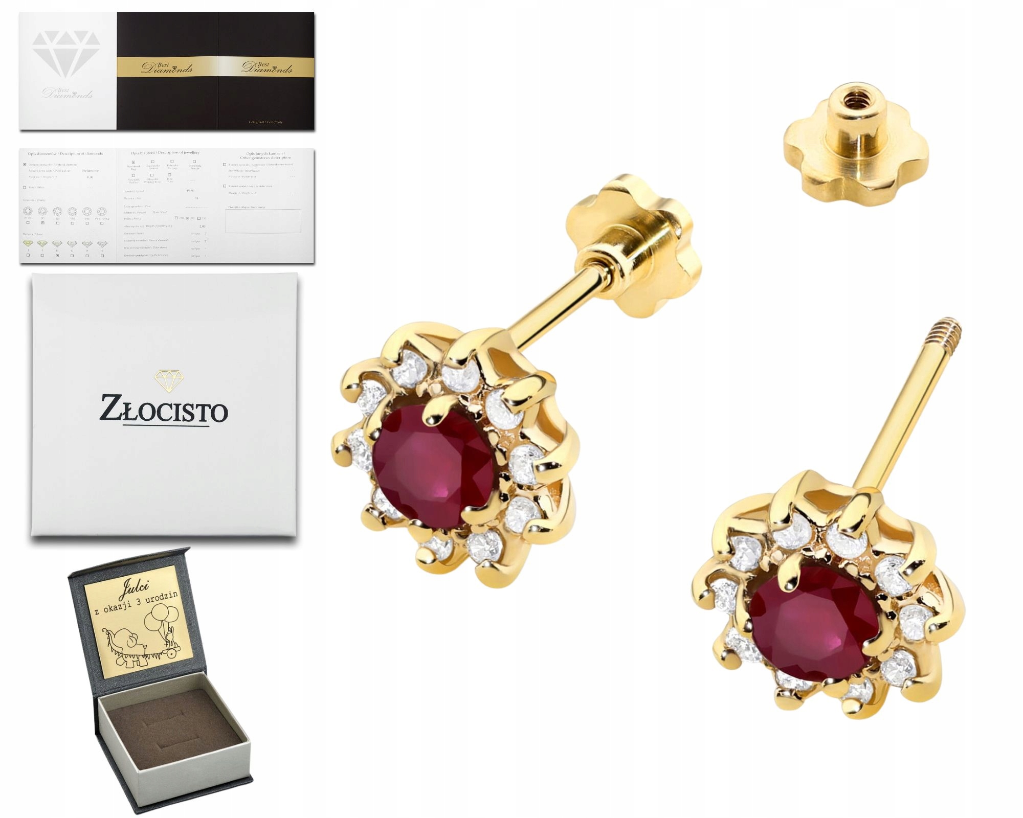 Náušnice S Přírodním Kamenem – Červený Rubín A Šroubovací Briliant