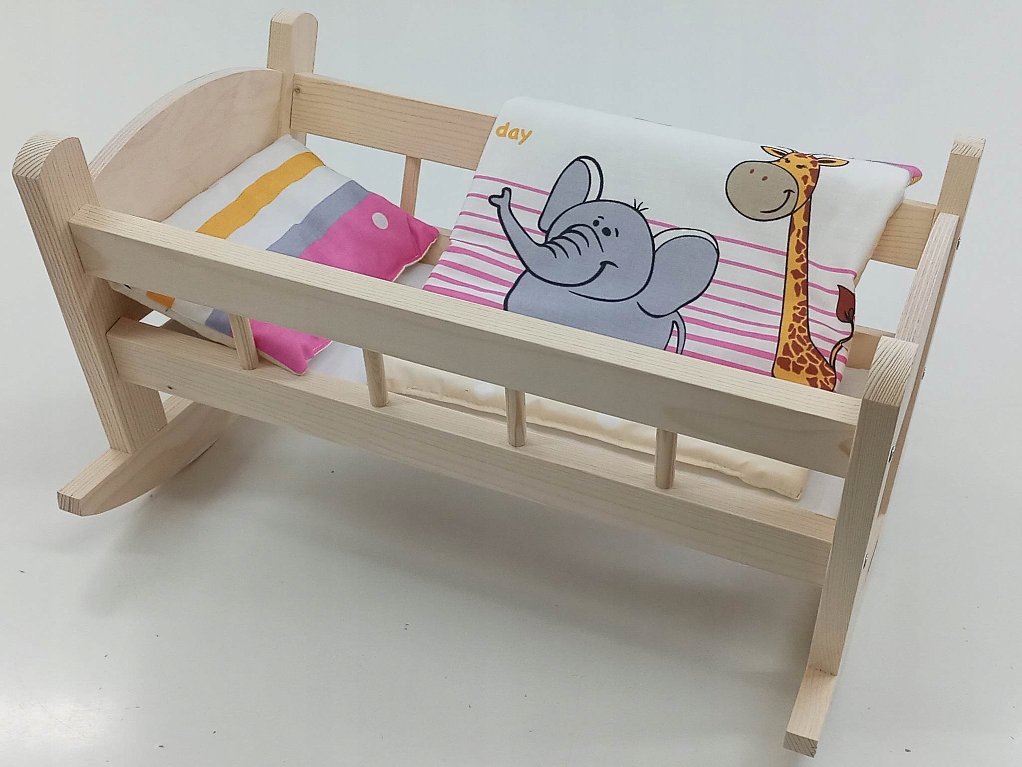 KOŁYSKA DREWNIANA dla lalek NIEMALOWANA + POŚCIEL