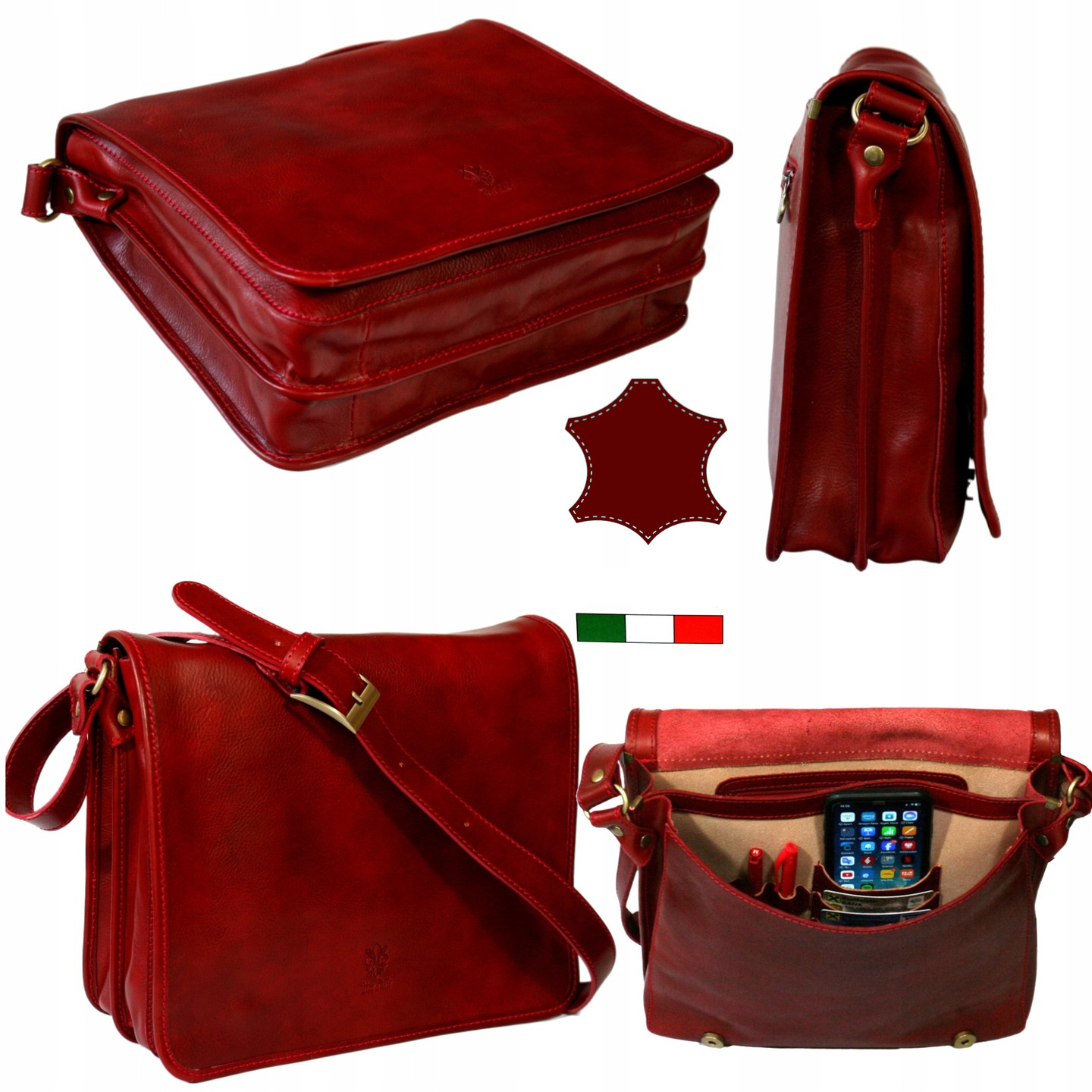 Pánská kožená taška přes rameno italská velká červená italská dvě komory