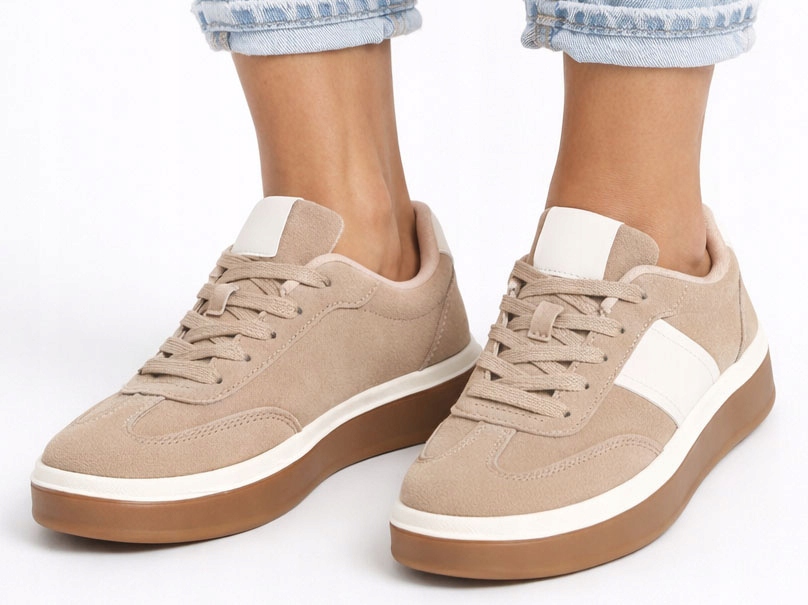 Trampki Beżowe Sneakersy Zamszowe Sznurowane Sportowe 38