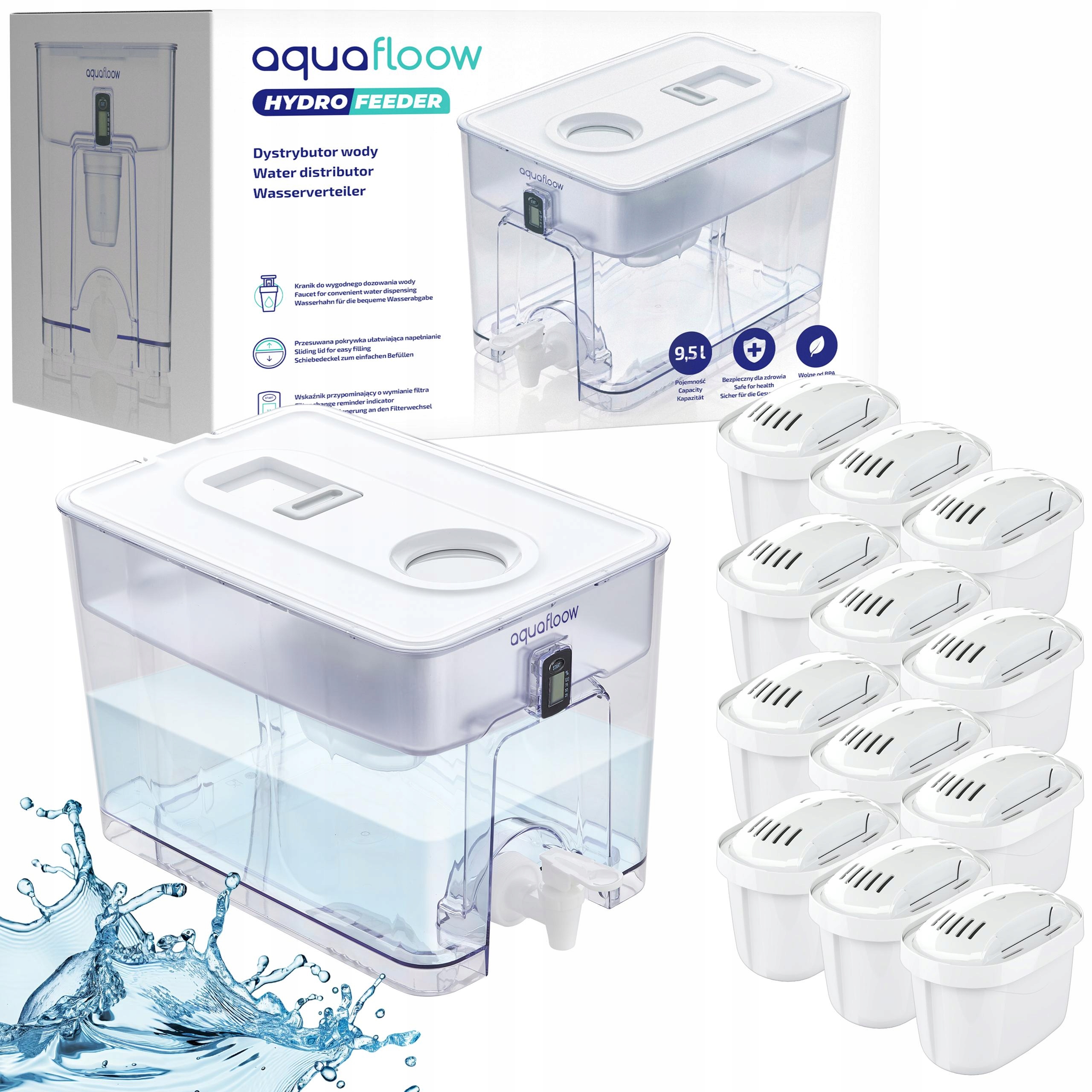AquaFloow XL 9,5 l: veľká filtračná kanvica s rozdeľovačom vody 12 x filter