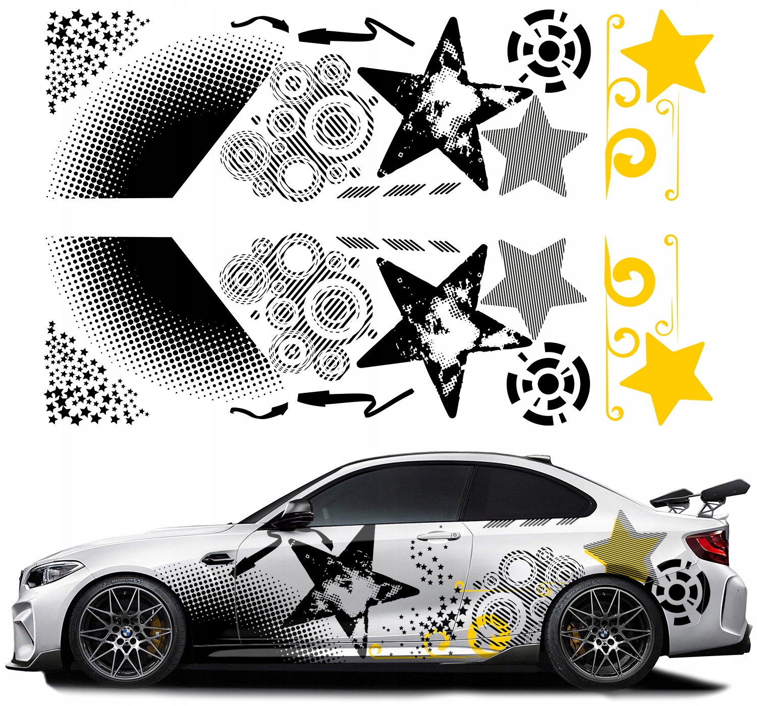 Samolepka Grafika na auto Motiv Hvězdy Stars Tečky Linie Kola 94x640