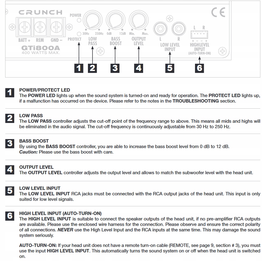 Aktywny subwoofer Crunch GTI800A 20cm 200W RMS miękki bas Hi - Input Marka Crunch