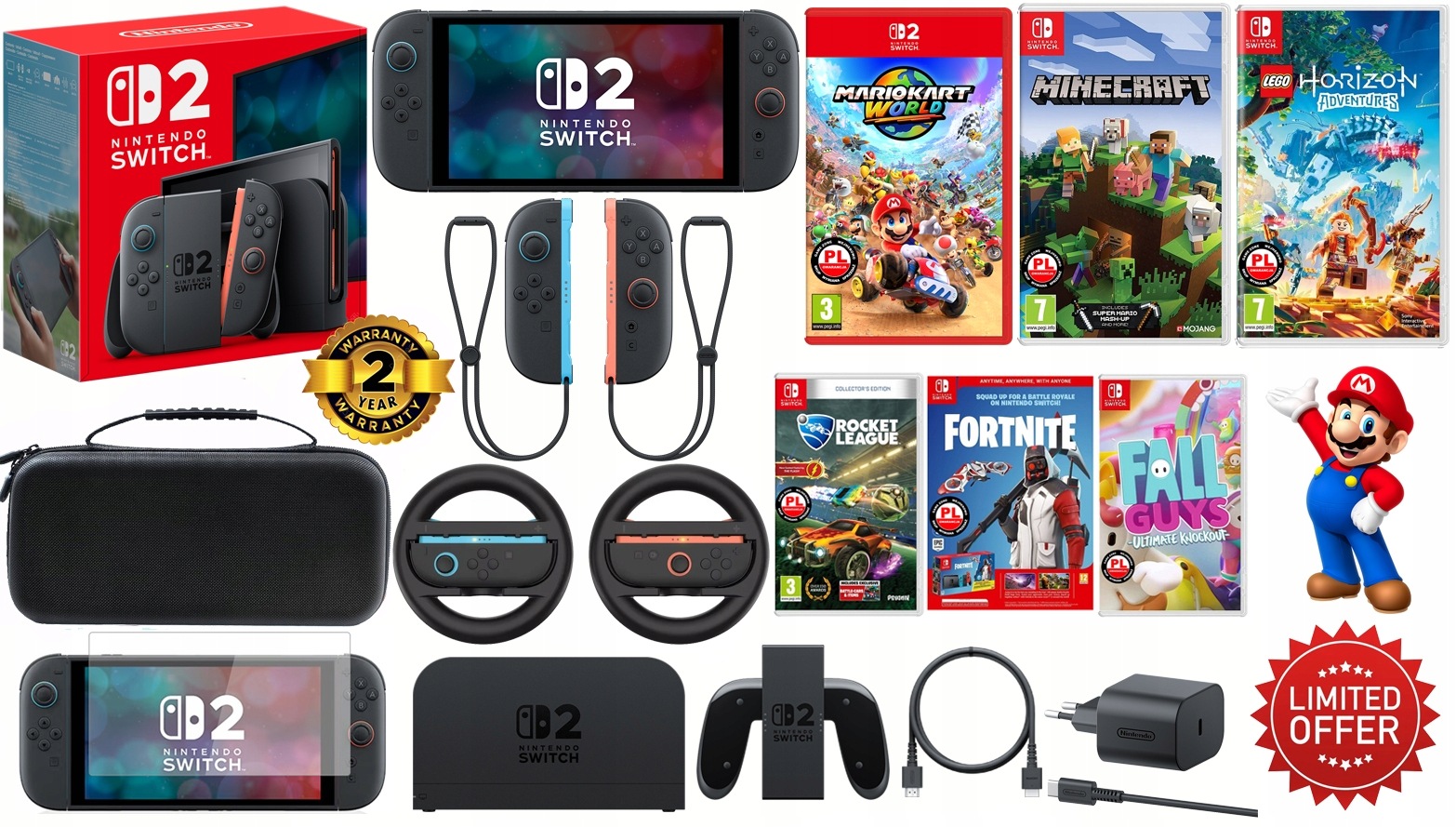 Nintendo Switch 2 256GB pakiet gier Pl etui szkło 2 kierownice