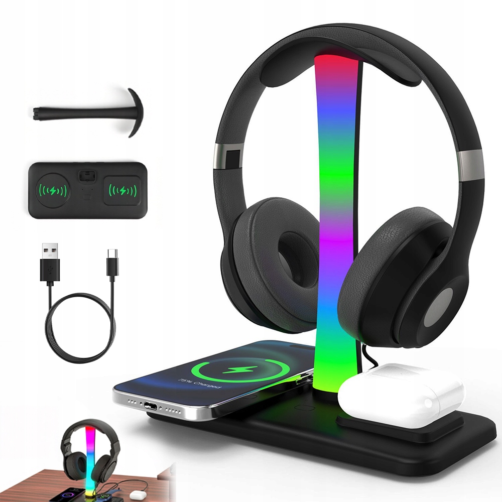 Stojan Na Sluchátka Rgb podsvícení Usb Hub 2 indukce