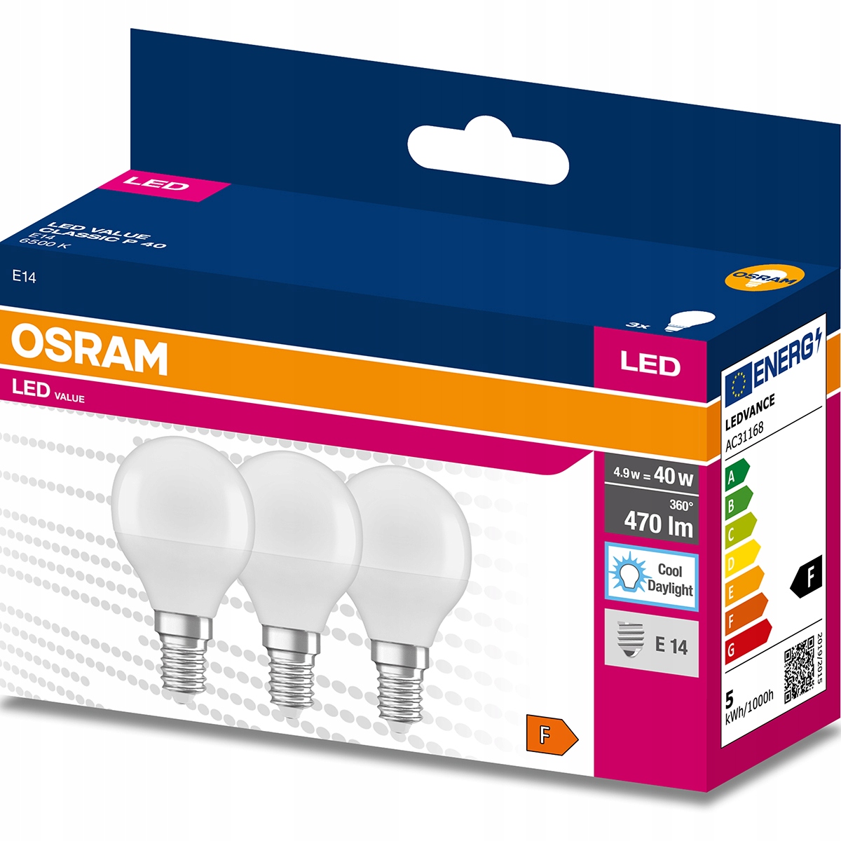

3x Żarówka Led E14 P45 4,9W 40W 470lm 6500K Osram