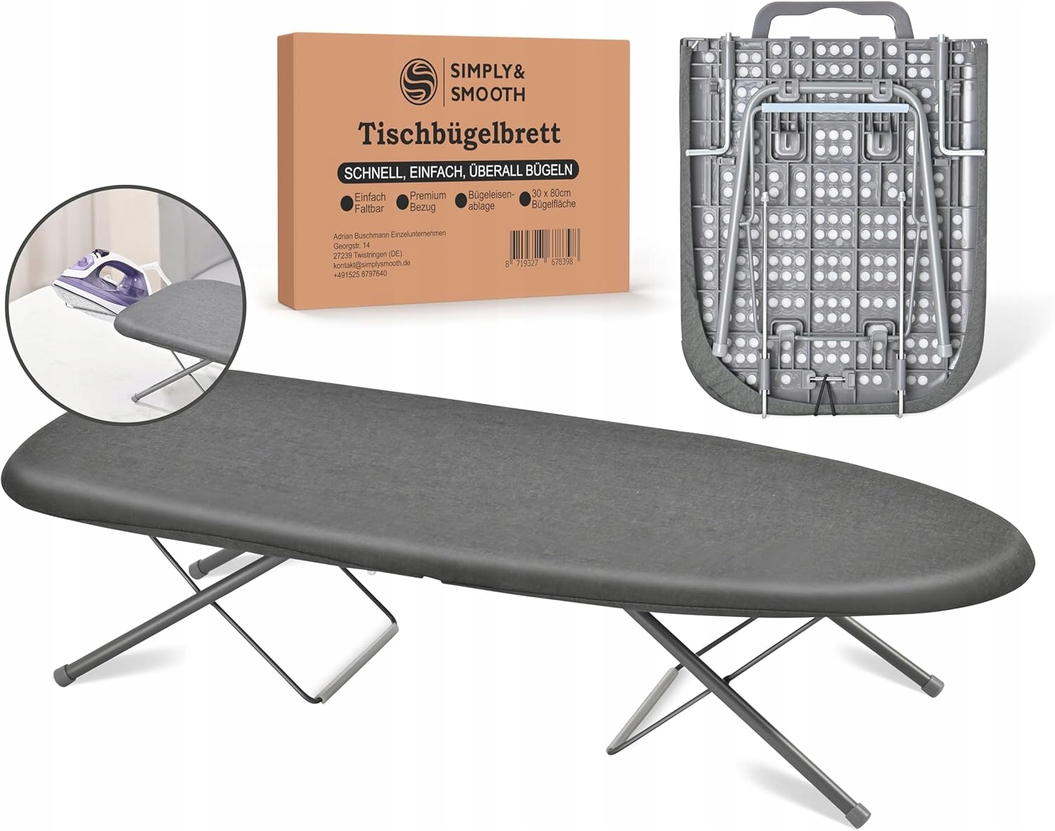 Levně Skládací mini žehlicí prkno s policí 77 x 31 cm, šedá barva