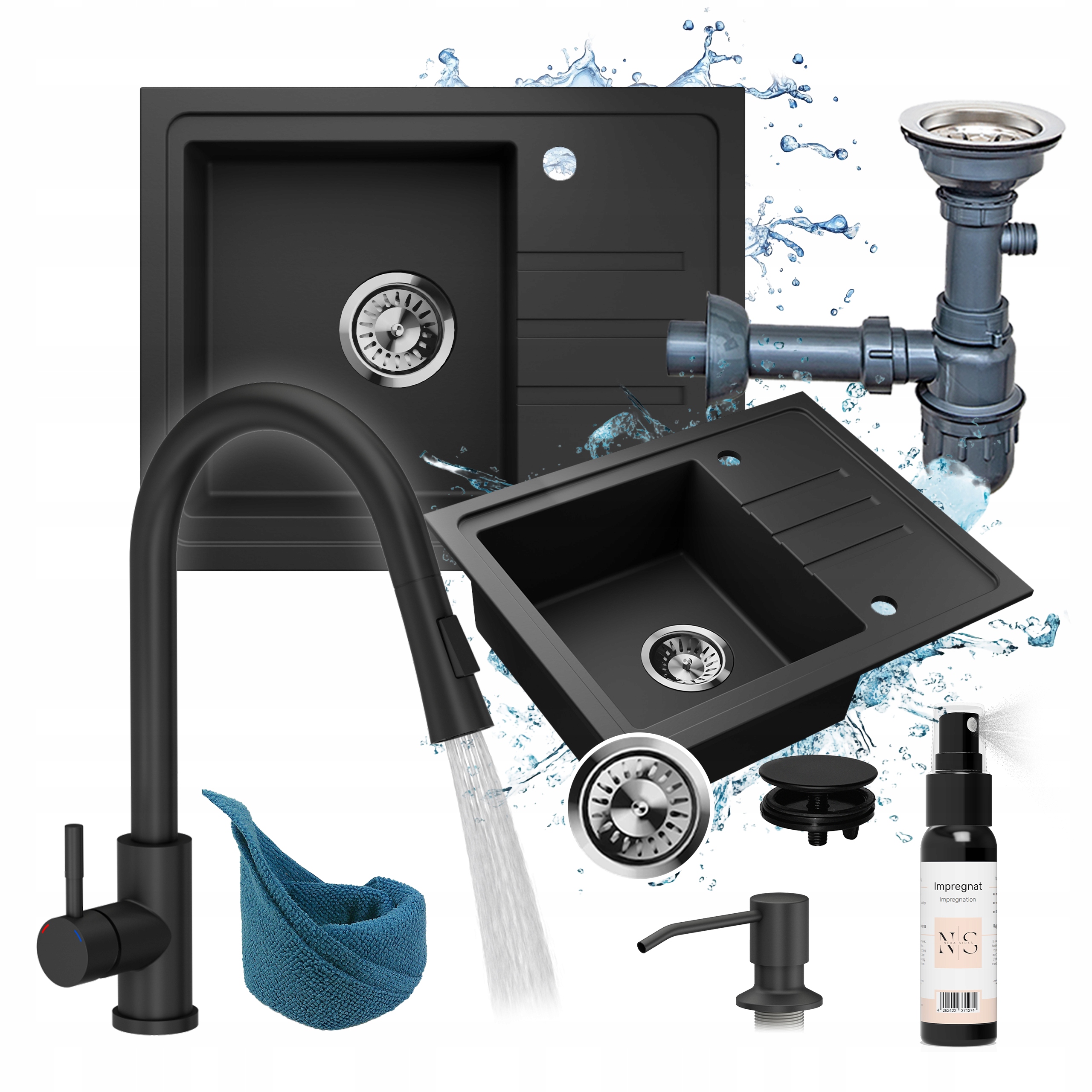 Granitový dřez černý sada: dřez sifon baterie dávkovač odkapávač