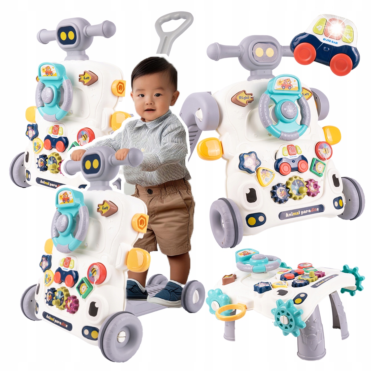 Chodzik pchacz 5w1 jeździk hulajnoga stolik edukacyjny panel z kierownicą Kolor wielokolorowy