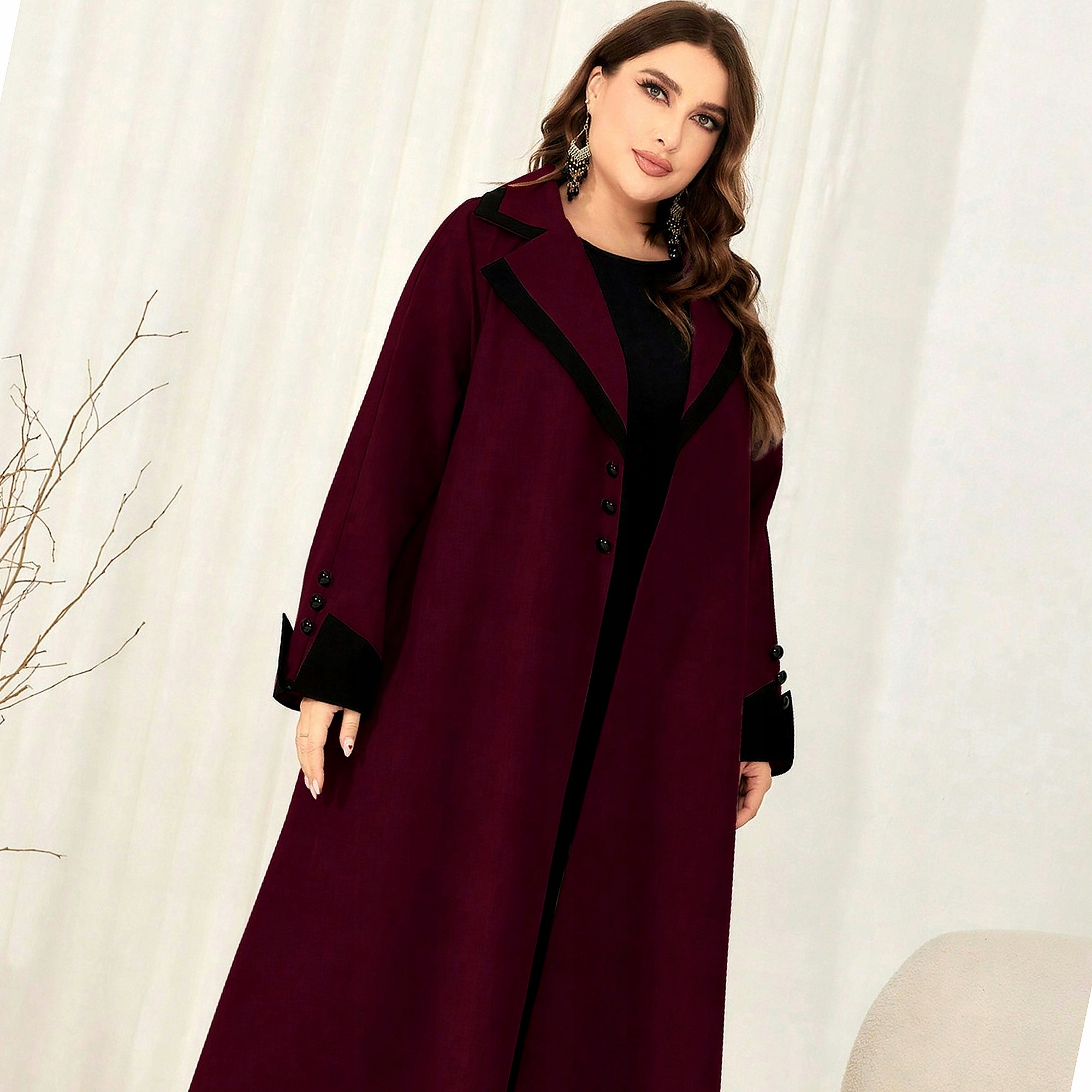 Dámský kabát Burgundský Dlouhý Oversize Výstupní Trenč Tenký XXL 44