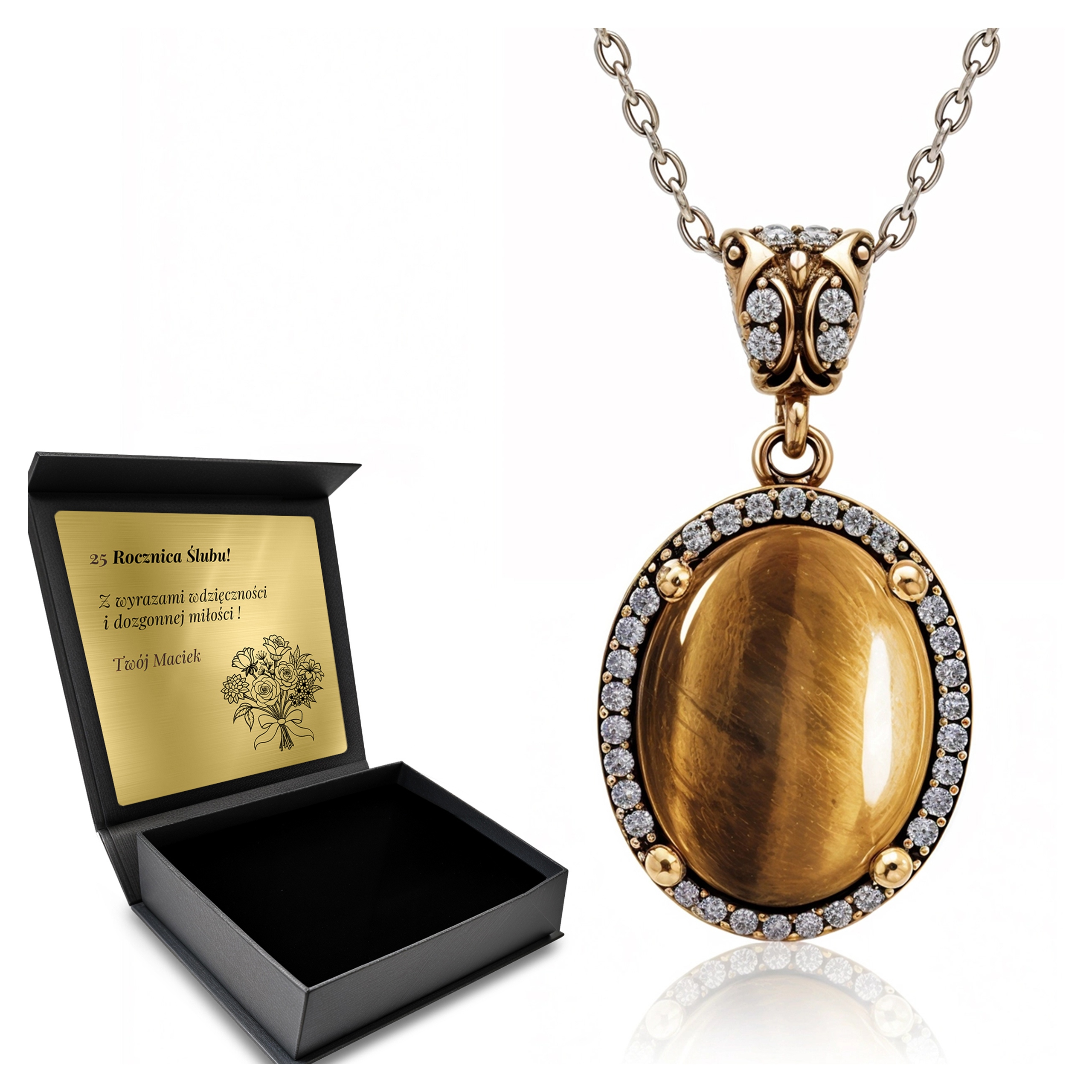 Stříbrný Náhrdelník 925 Zirkony Tygří Oko Dárek pro ženu Gravírování