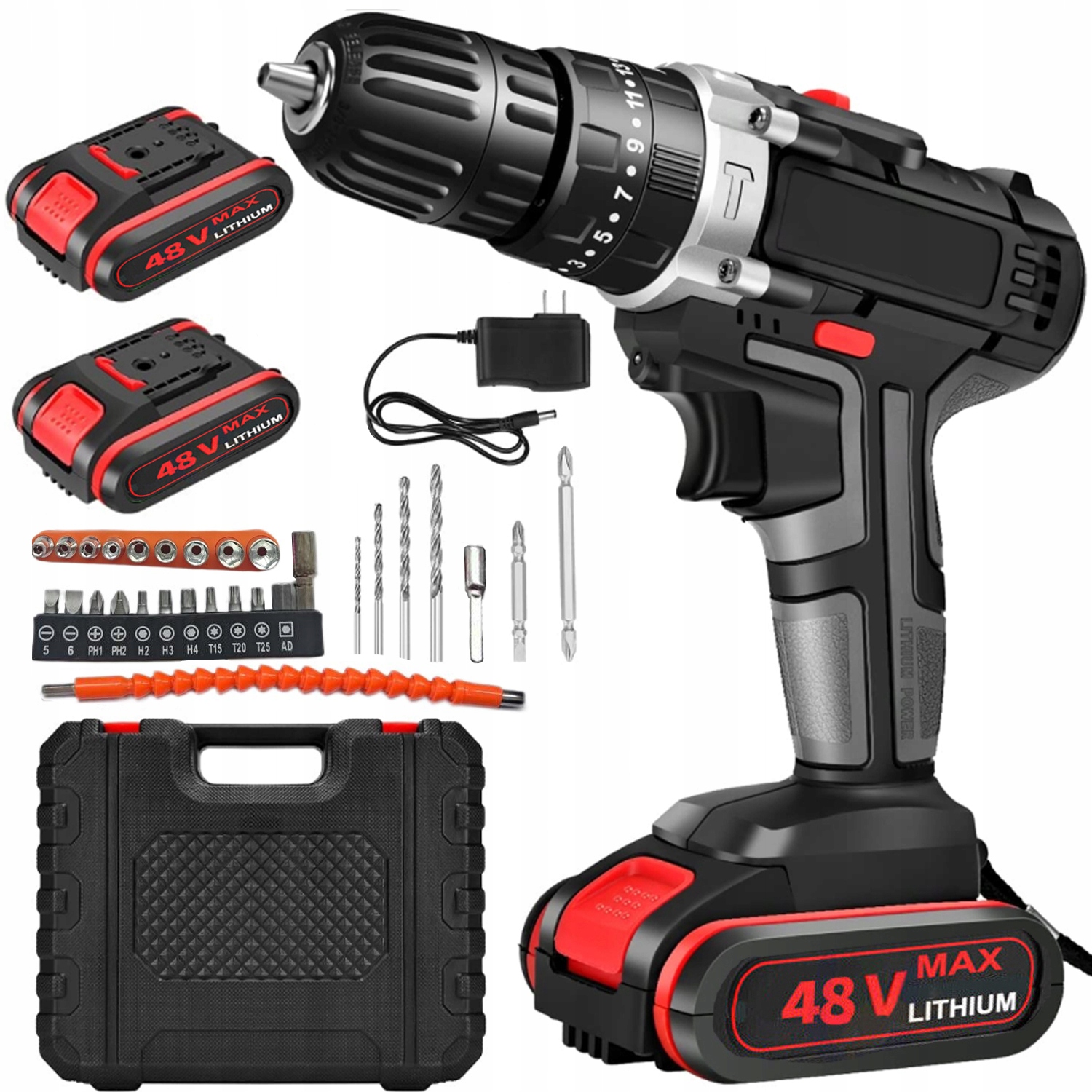 PRZENOŚNA WIERTARKO-WKRĘTARKA AKUMULATOROWA 48V Z DIODĄ LED I 2x AKU