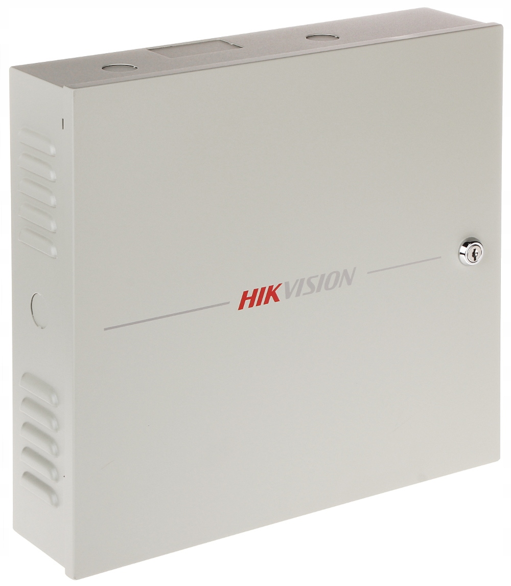 Kontroler dostępu DS-K2604T Hikvision na tle biurowego stołu