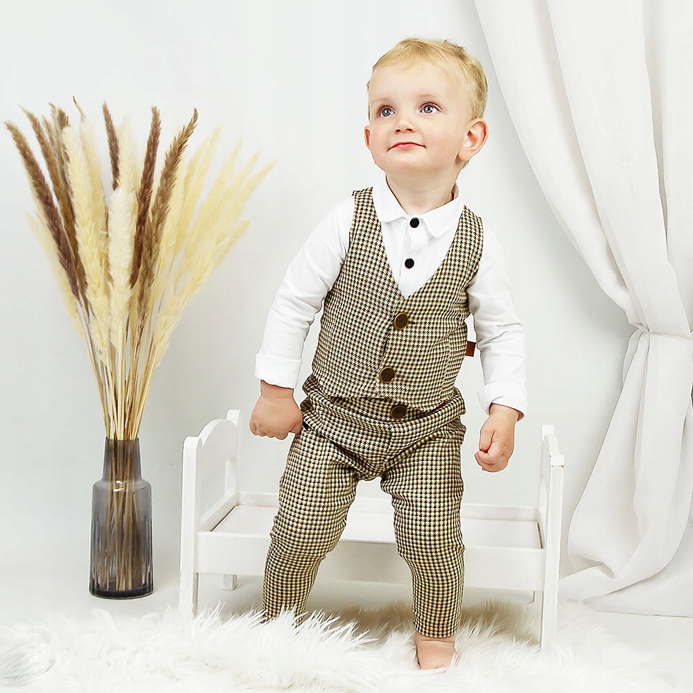 Eleganckie spodnie na CHRZEST 74 pepitka brązowe Rozmiar 74