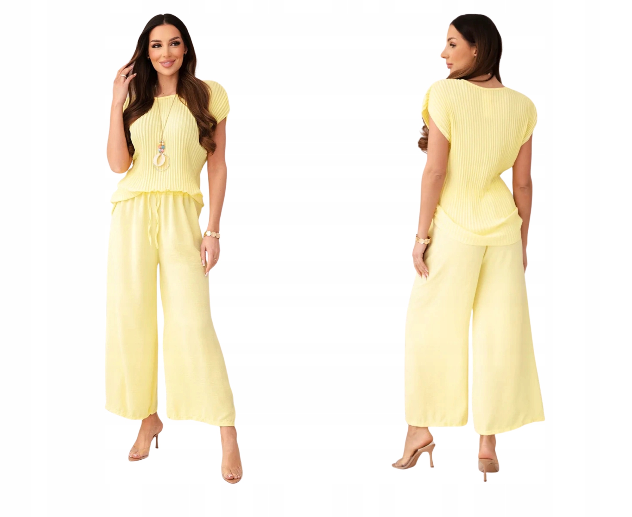 Żółty komplet damski z wiskozy ze złotym obszyciem