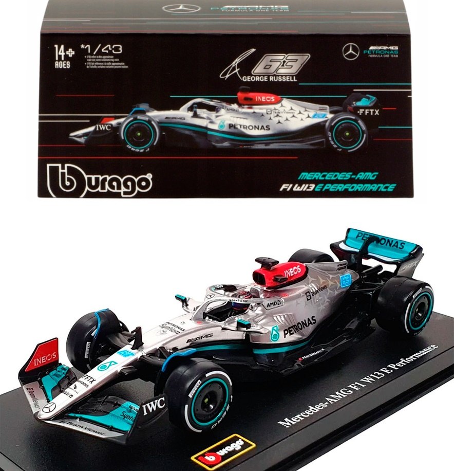 Bolid F1 Mercedes W13 63 Russell Přilba BBurago 1:43